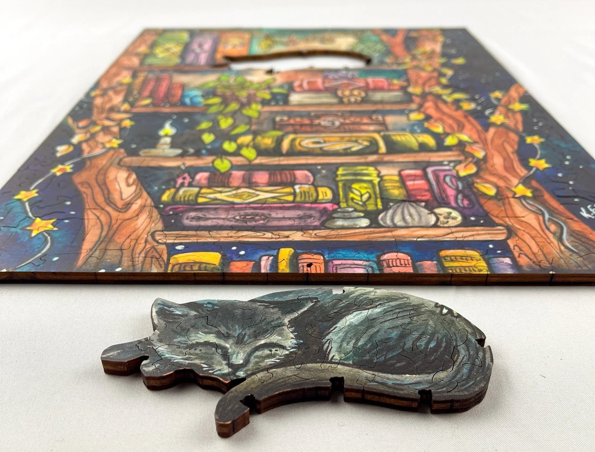 Wooden puzzle piece of a sleeping cat beside fantasy bookshelf puzzle with books and stars