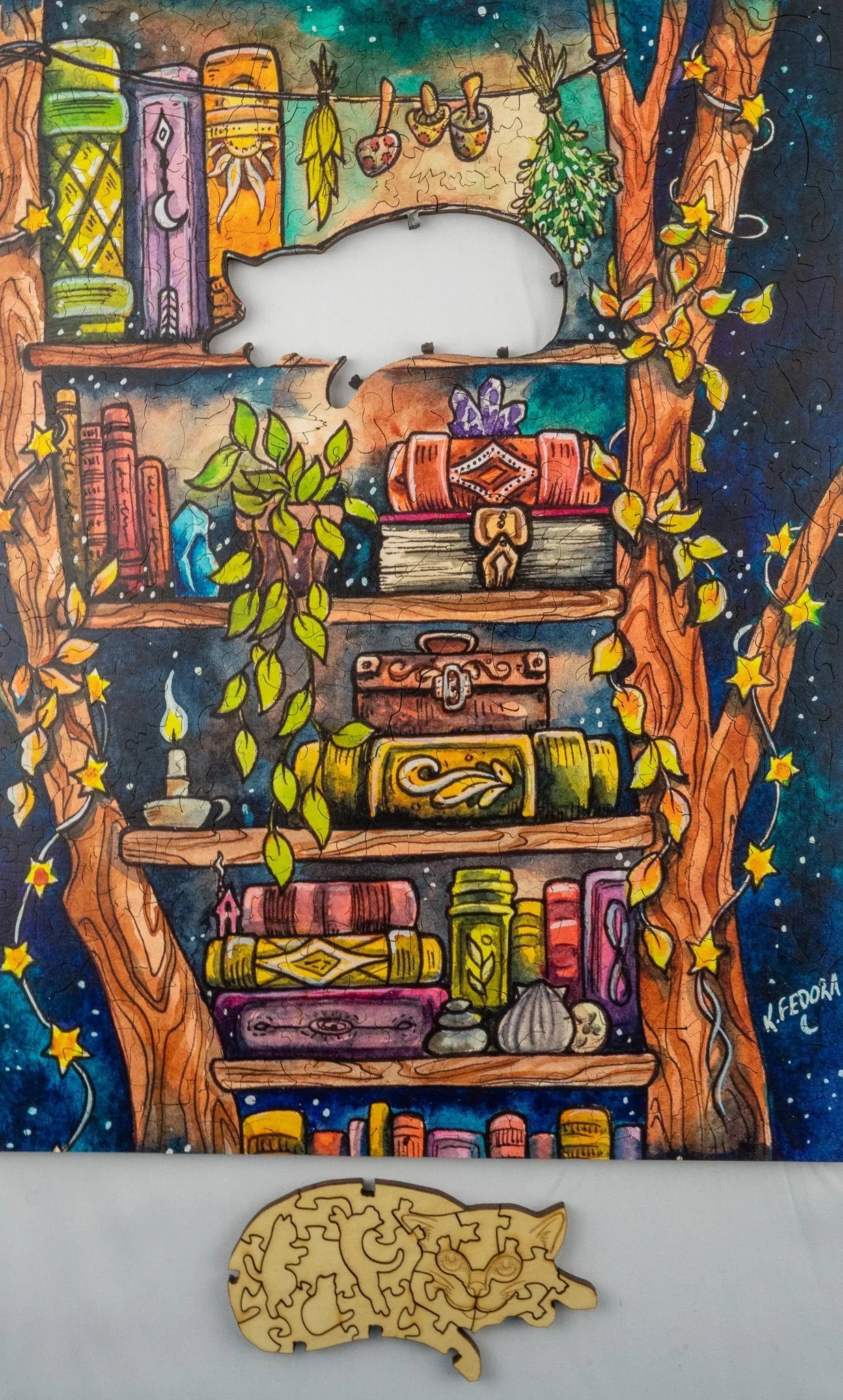 Colorful bookshelf puzzle with cat-shaped piece, books, vines, and star decorations