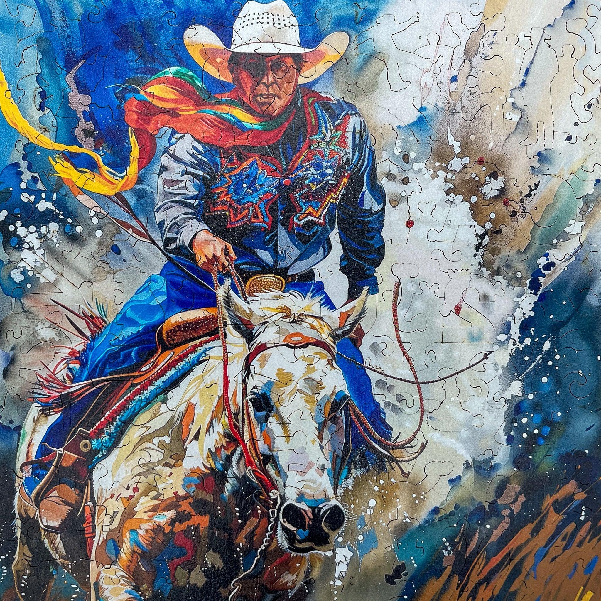 Colorful painting of a cowboy in a white hat riding a horse with vibrant blue and orange accents