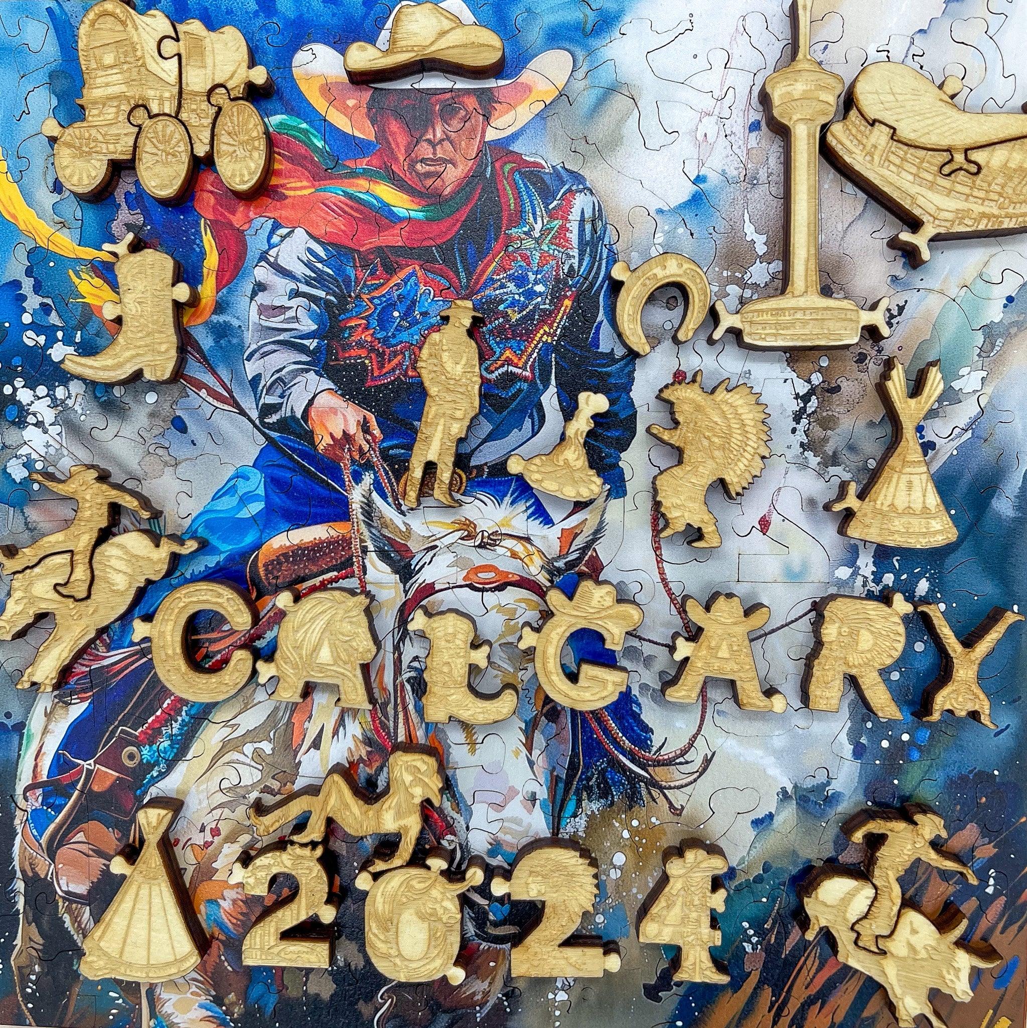 Calgary 2024 cowboy puzzle pieces over colorful western cowboy artwork background