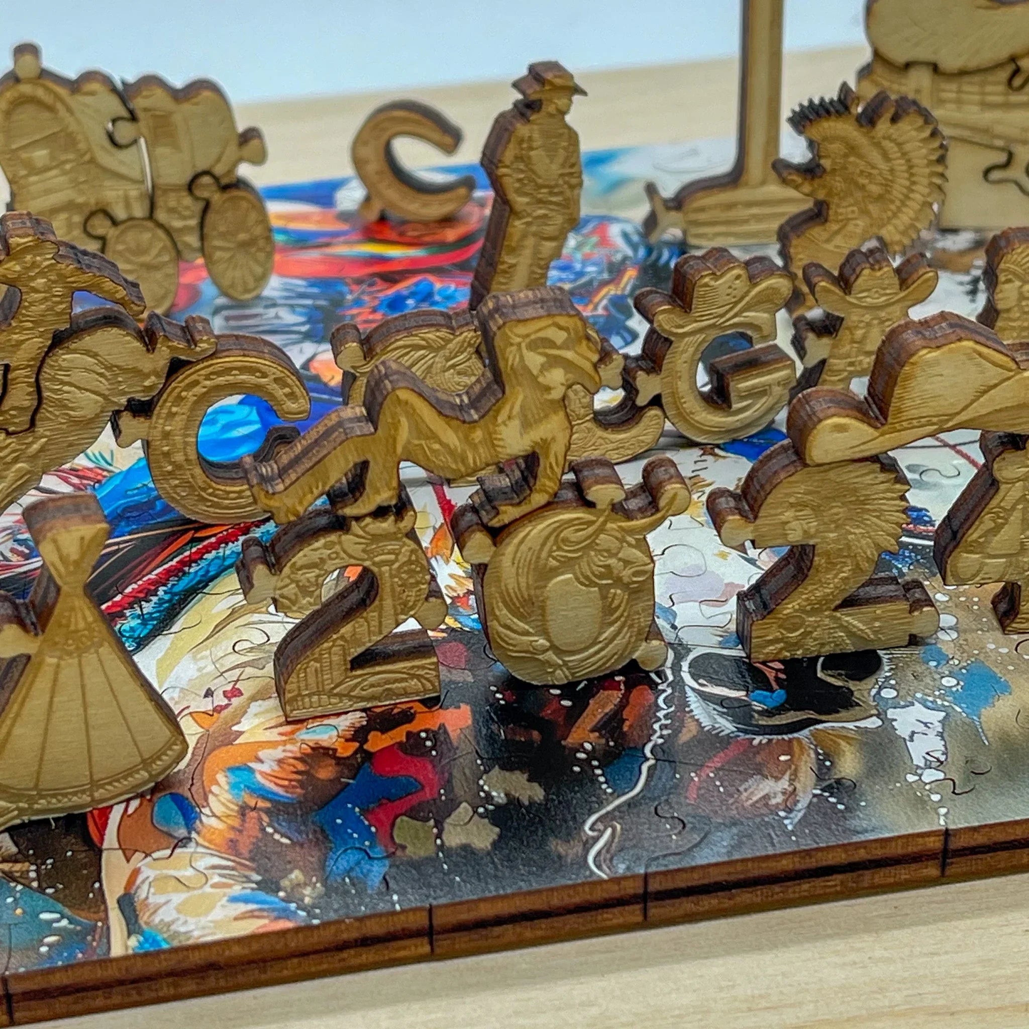 Wooden cowboy and western-themed puzzle pieces on a colorful background