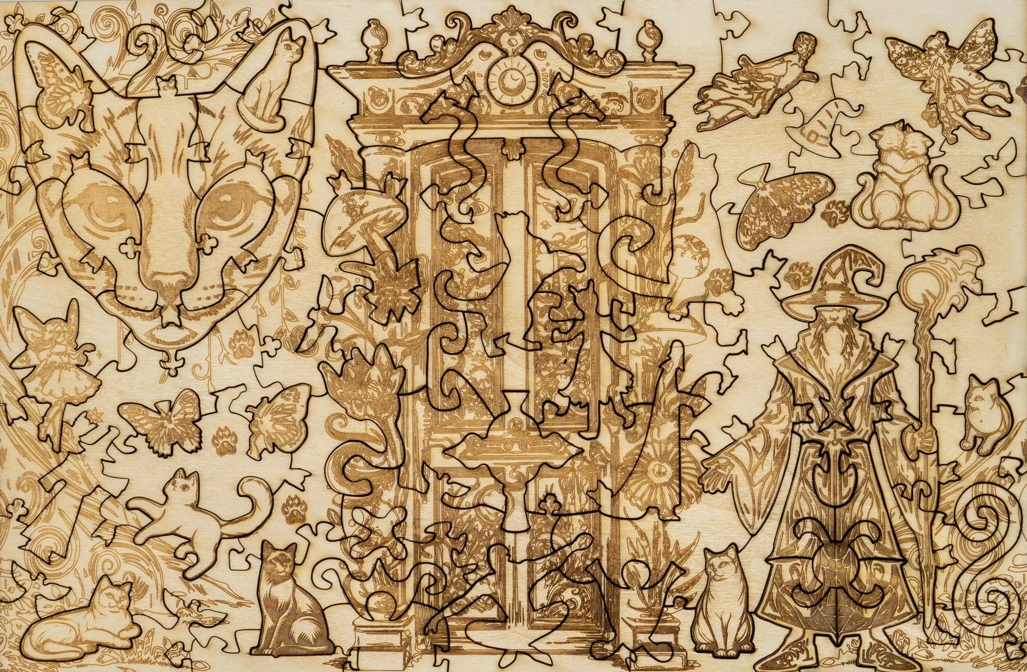 Wooden puzzle with engraved cat, wizard, fairies, butterflies, and ornate clock door
