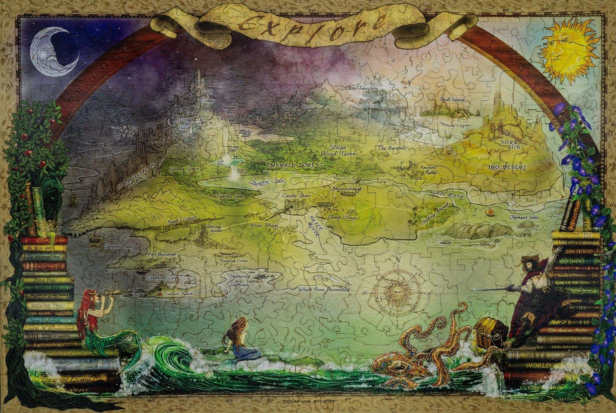 Fantasy map puzzle with mermaids, a pirate, sea monster, sun, moon, books, and magical lands