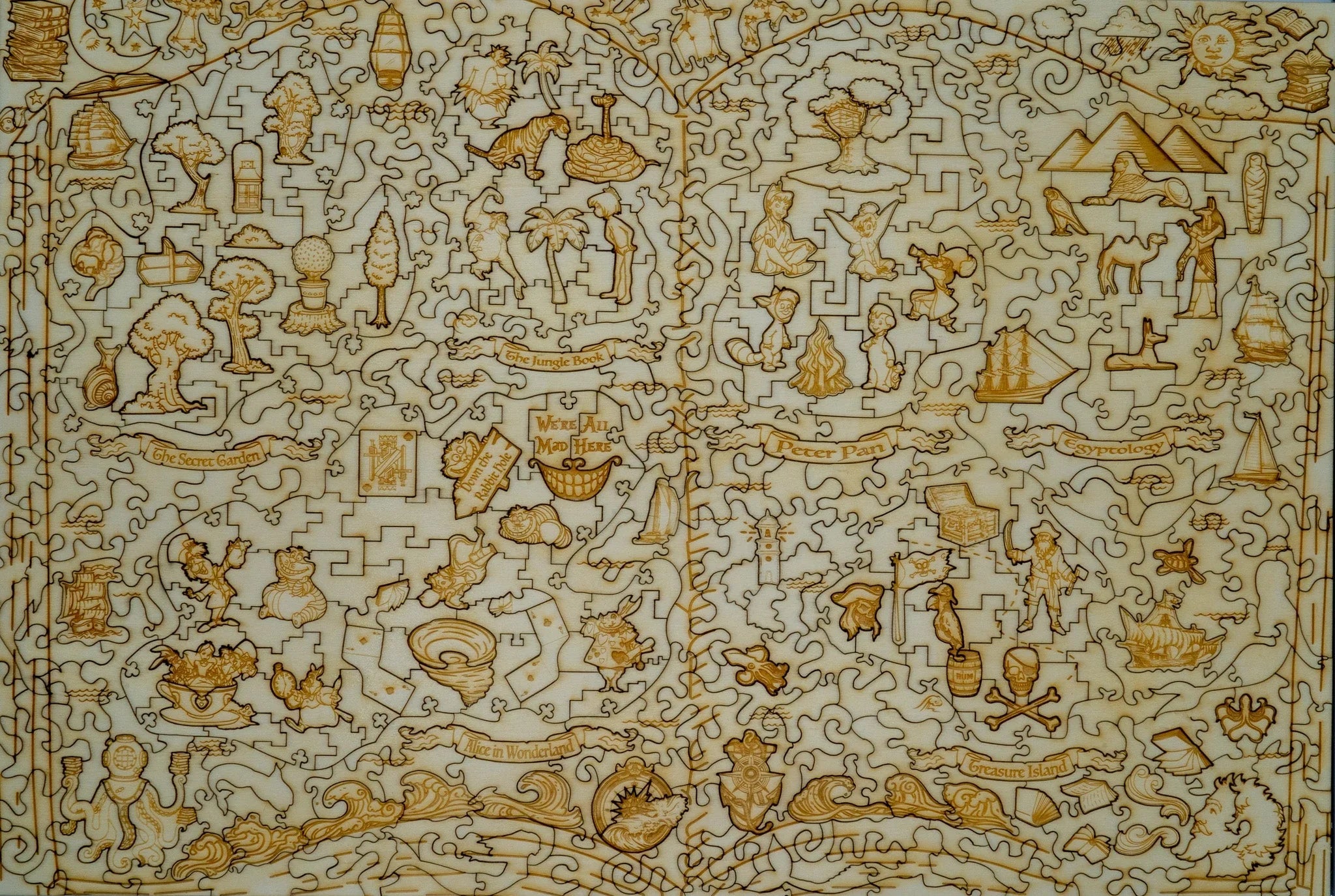 Laser-engraved wooden puzzle featuring storybook characters, ships, pyramids, and jungle animals