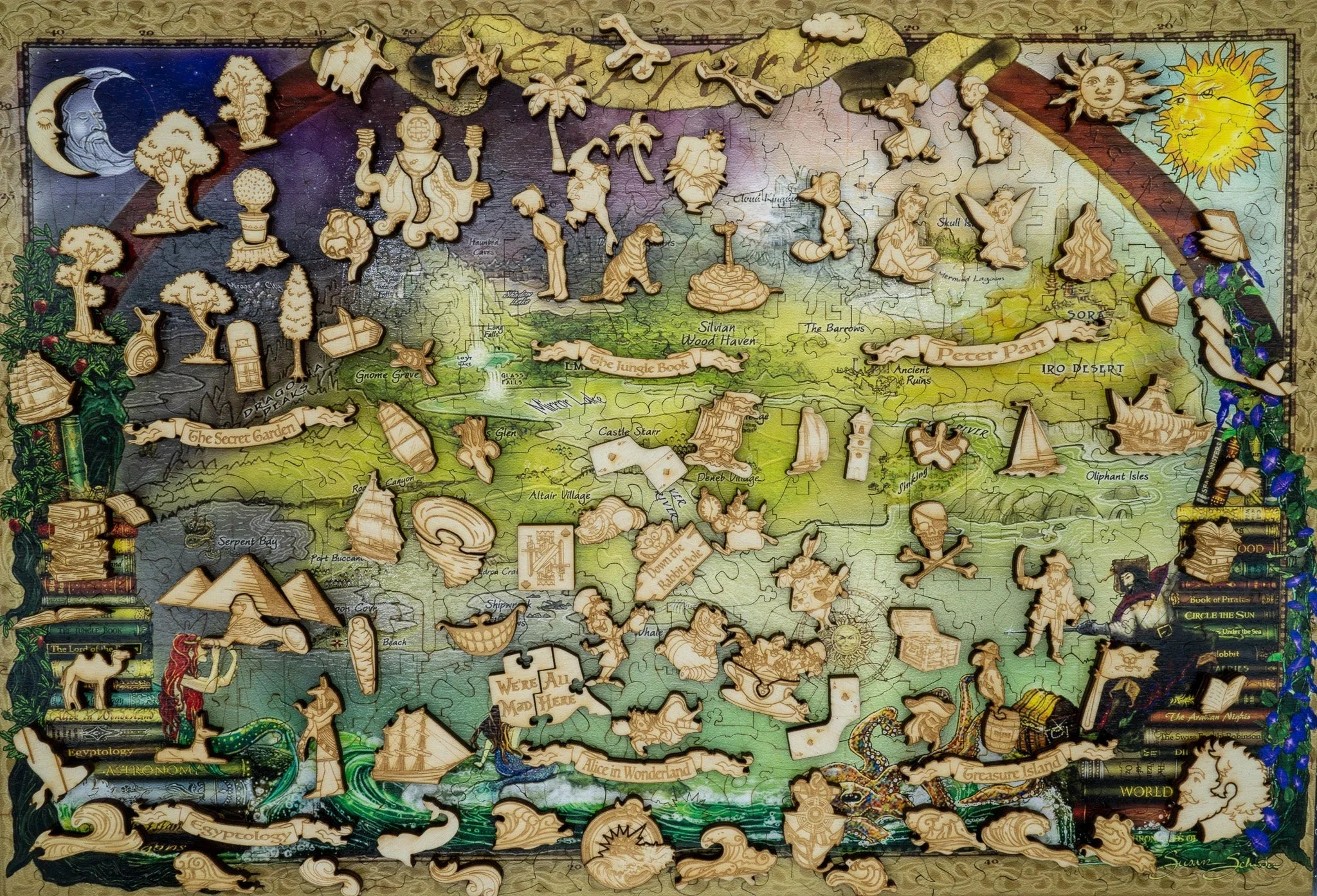 Wooden jigsaw puzzle pieces on a colorful fantasy map with books, ships, sun, and moon