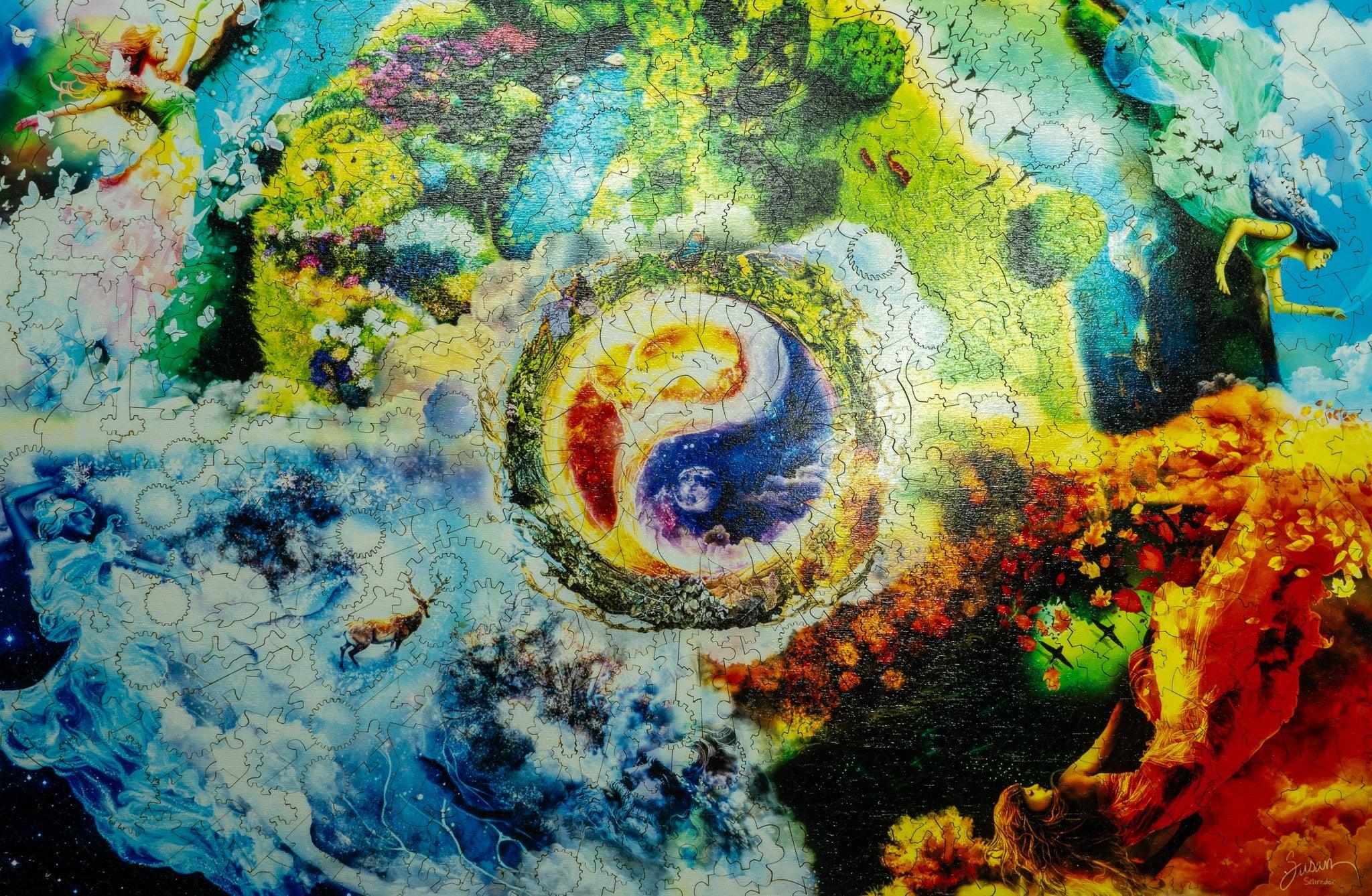 Colorful puzzle featuring yin yang symbol, nature elements, fantasy figures and seasons artwork
