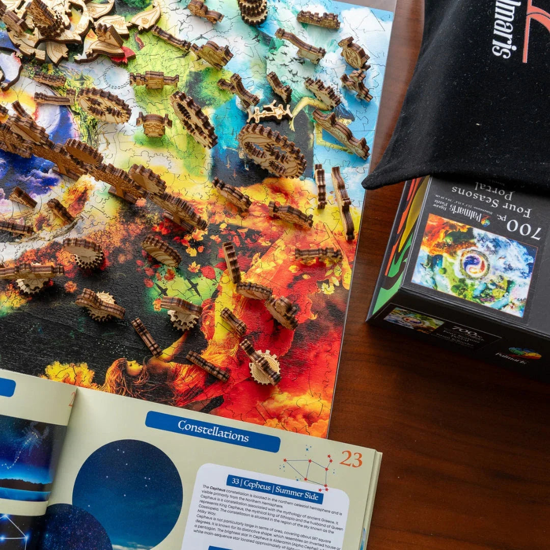 Colorful Four Seasons puzzle with unique wooden pieces, box, and constellation book on table