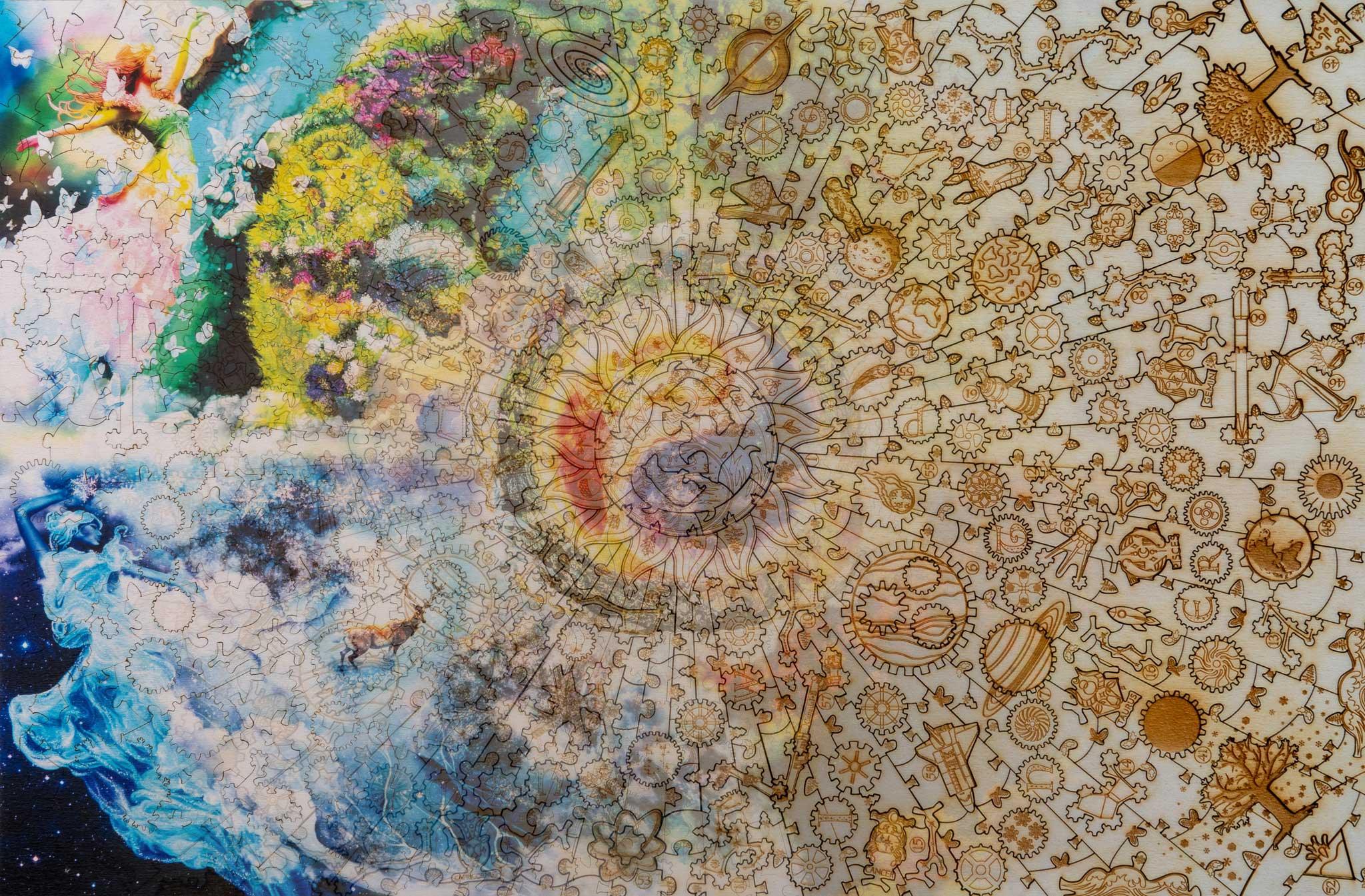 Colorful fantasy puzzle with floral fairy, cosmic elements, and intricate laser-cut wood gears
