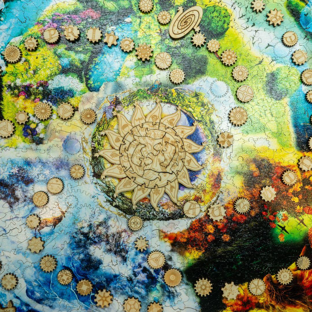 Colorful nature puzzle with wooden sun centerpiece and gears spelling SPRING and AUTUMN