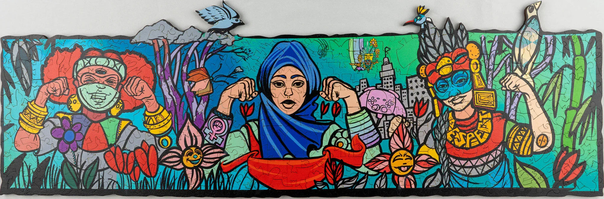 Colorful mural-style puzzle featuring three strong women with diverse backgrounds, flowers, and birds