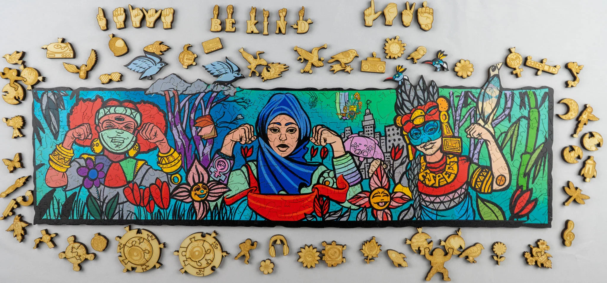 Colorful puzzle art of diverse women flexing arms, surrounded by wooden whimsical puzzle pieces