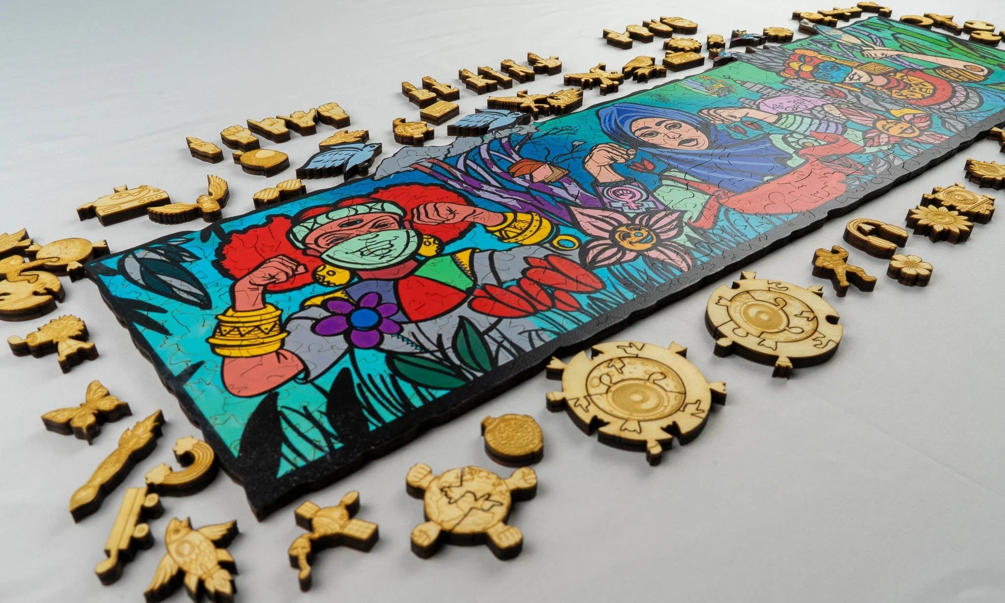 Colorful art puzzle featuring masked figures and flowers, surrounded by unique wooden puzzle pieces