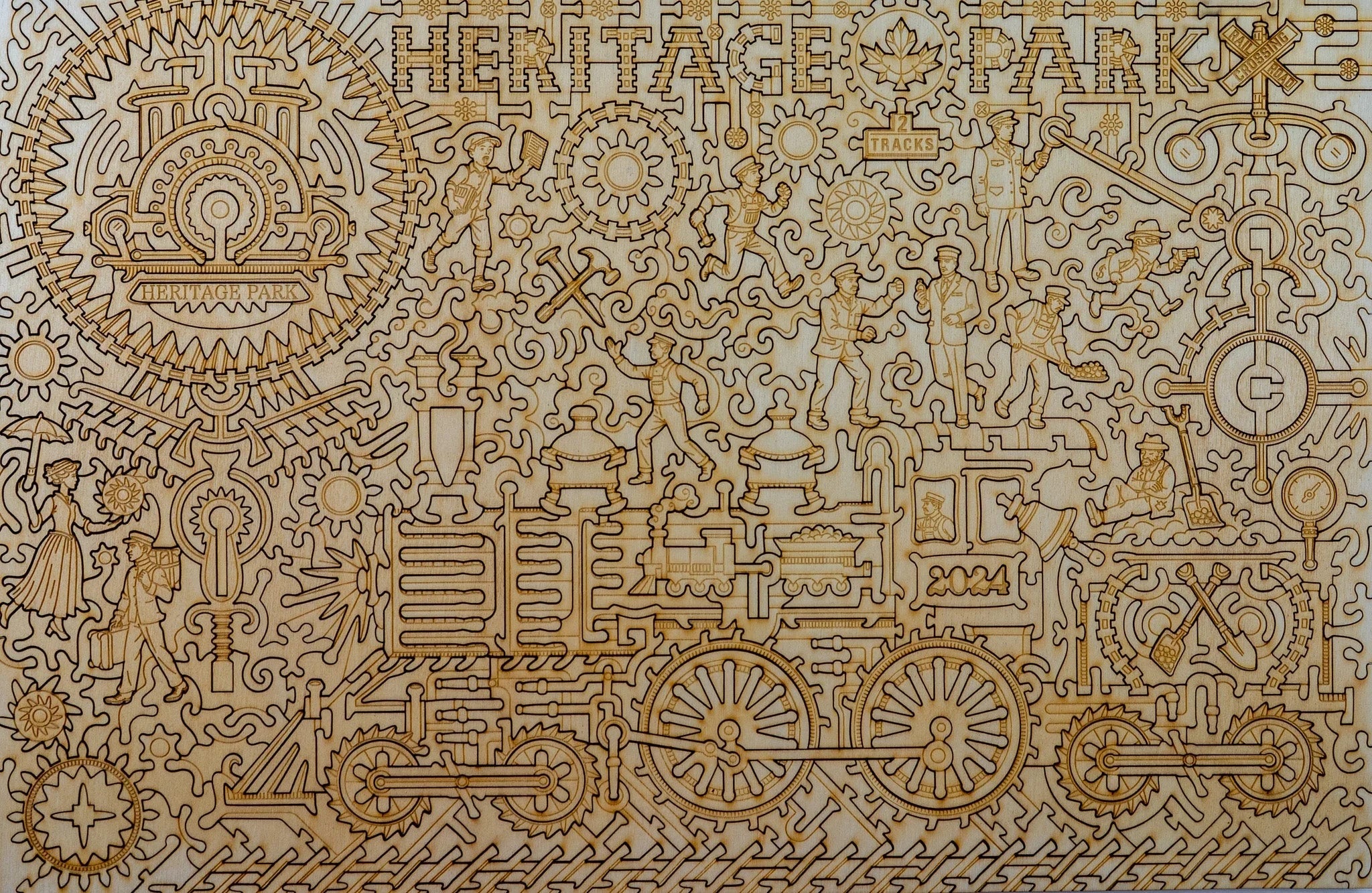 Heritage Park laser-engraved wooden puzzle with train, gears, and vintage figures