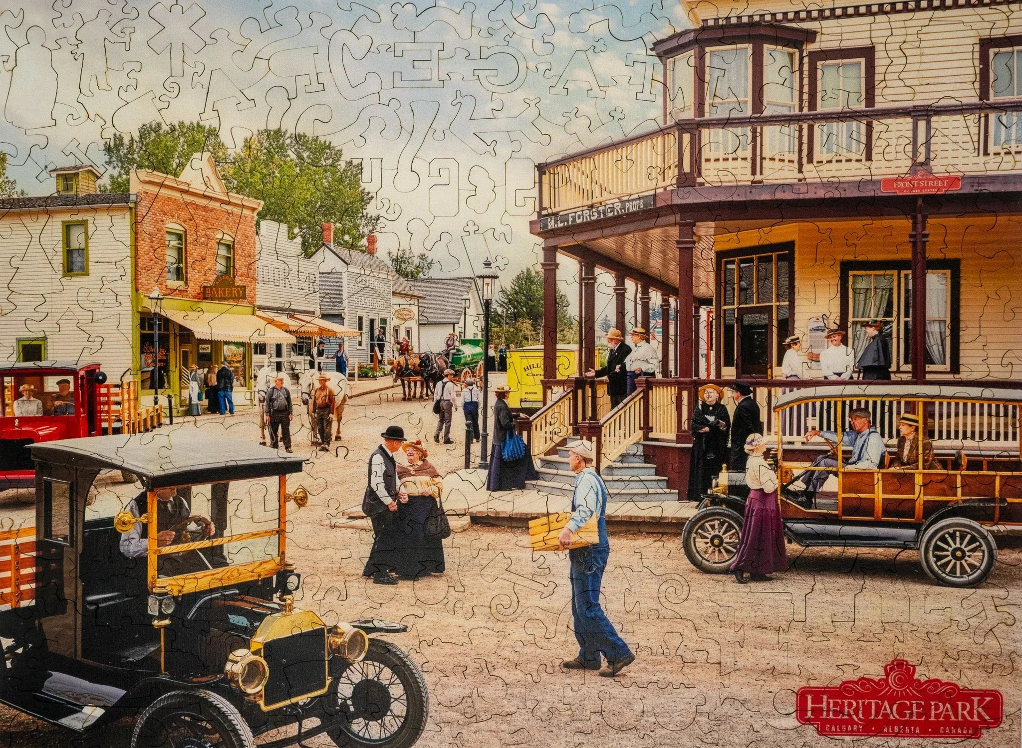 Heritage Park historical street scene puzzle with vintage cars, people in period clothing, bakery