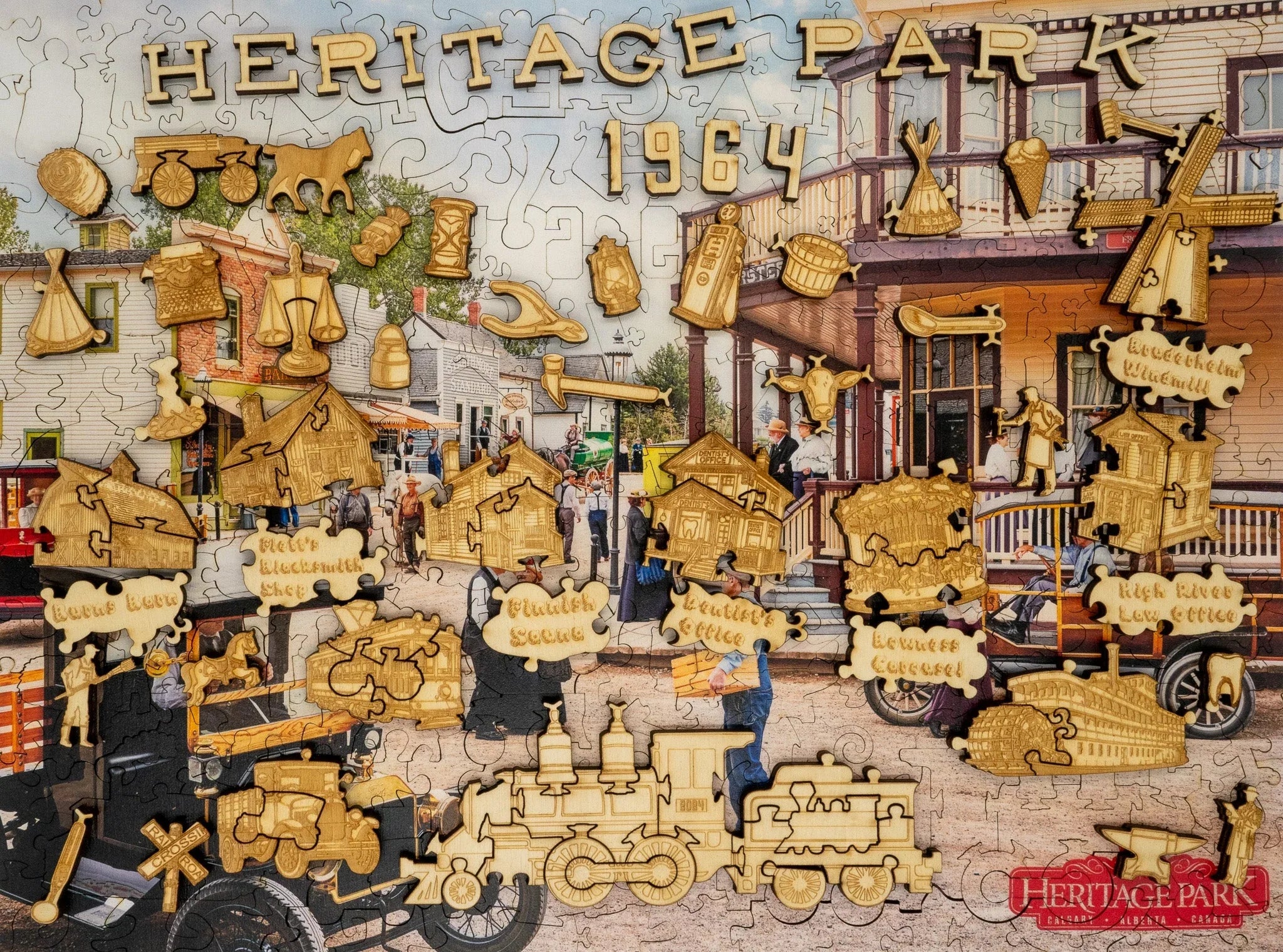 Heritage Park 1964 jigsaw puzzle with wooden pieces, vintage street scene and old vehicles