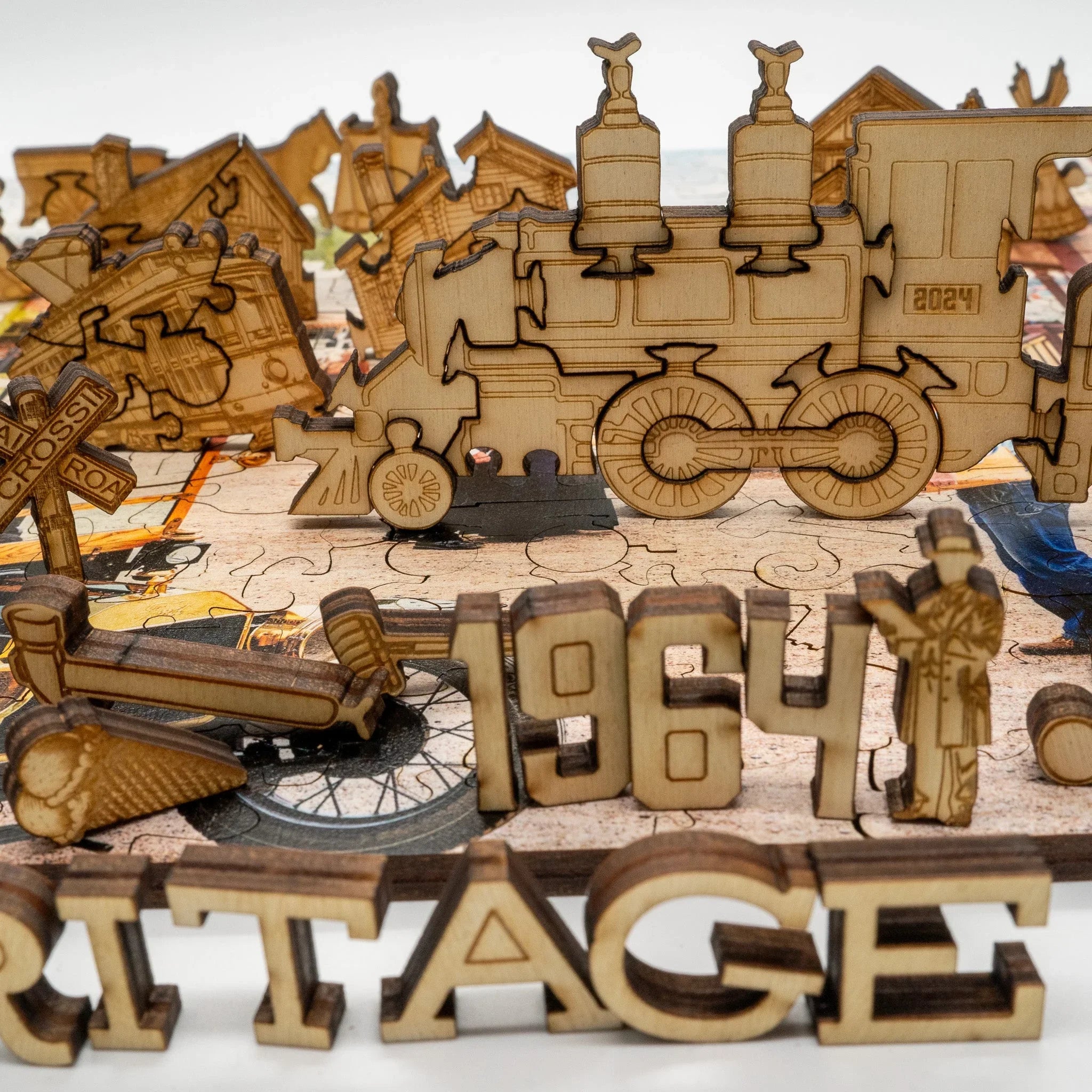 Wooden puzzle with vintage train, 1964 text, and heritage-themed laser-cut pieces
