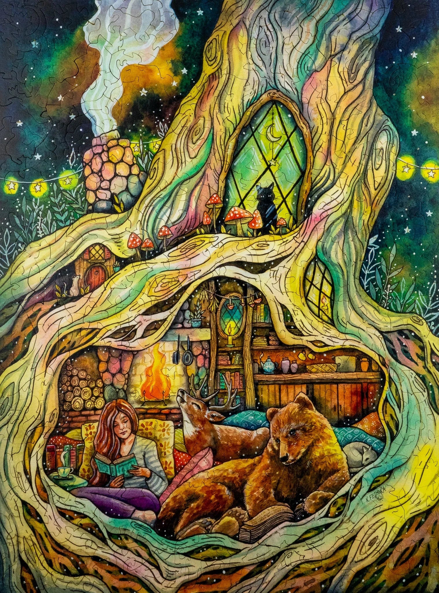 Cozy treehouse illustration with a woman reading, bear, deer, cat, fireplace, and starry night