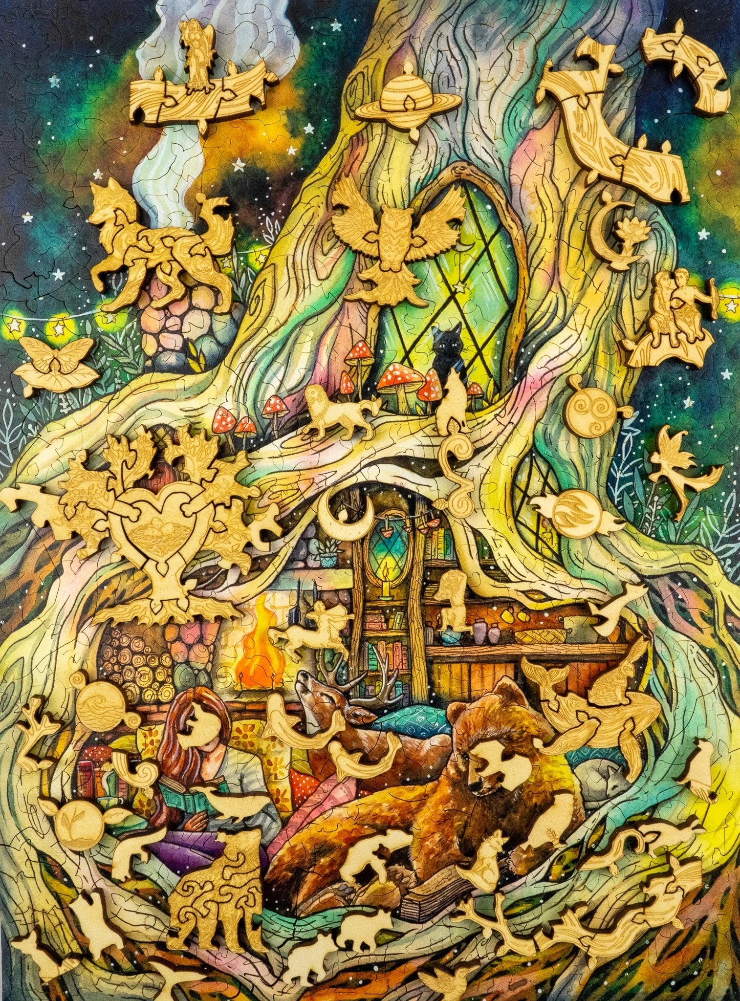 Whimsical wooden animal puzzle on colorful treehouse scene with girl, bear, and forest animals