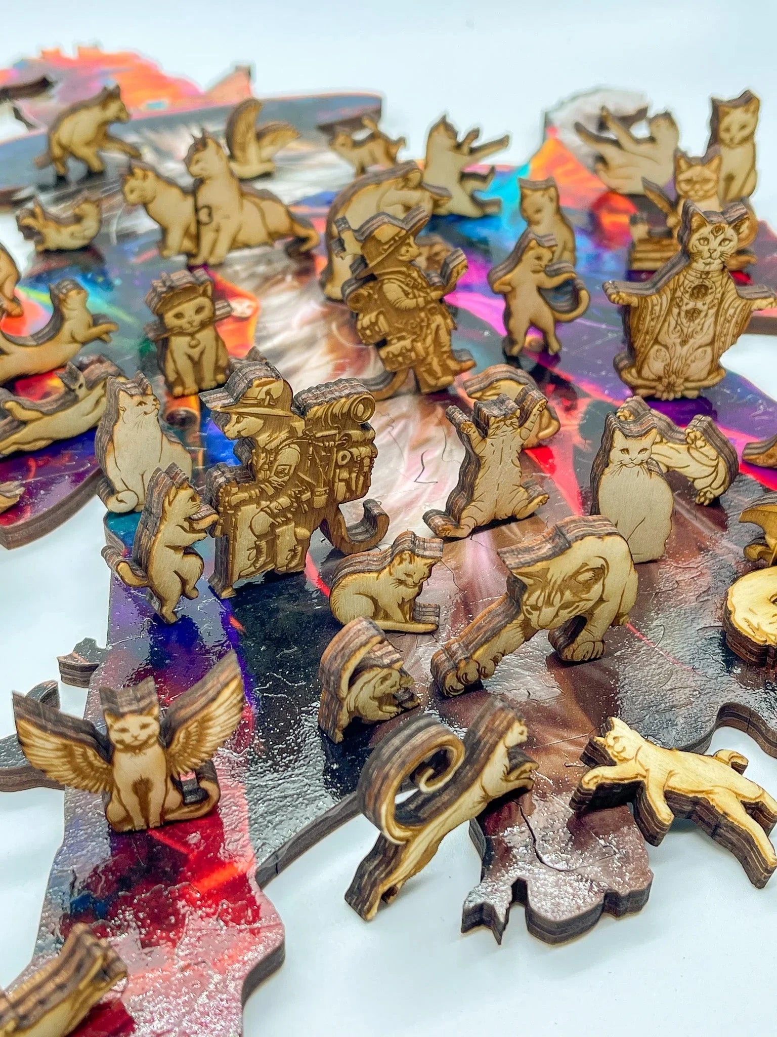 Wooden cat-themed puzzle pieces on colorful abstract background