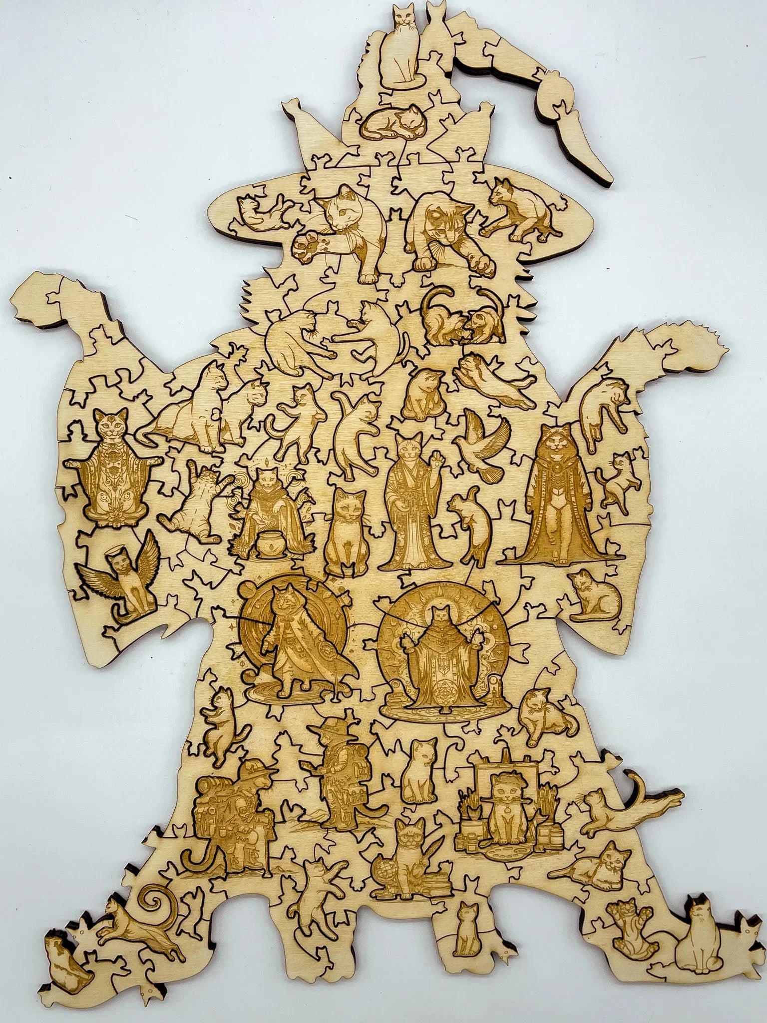 Wooden cat wizard puzzle with engraved whimsical fantasy cat illustrations