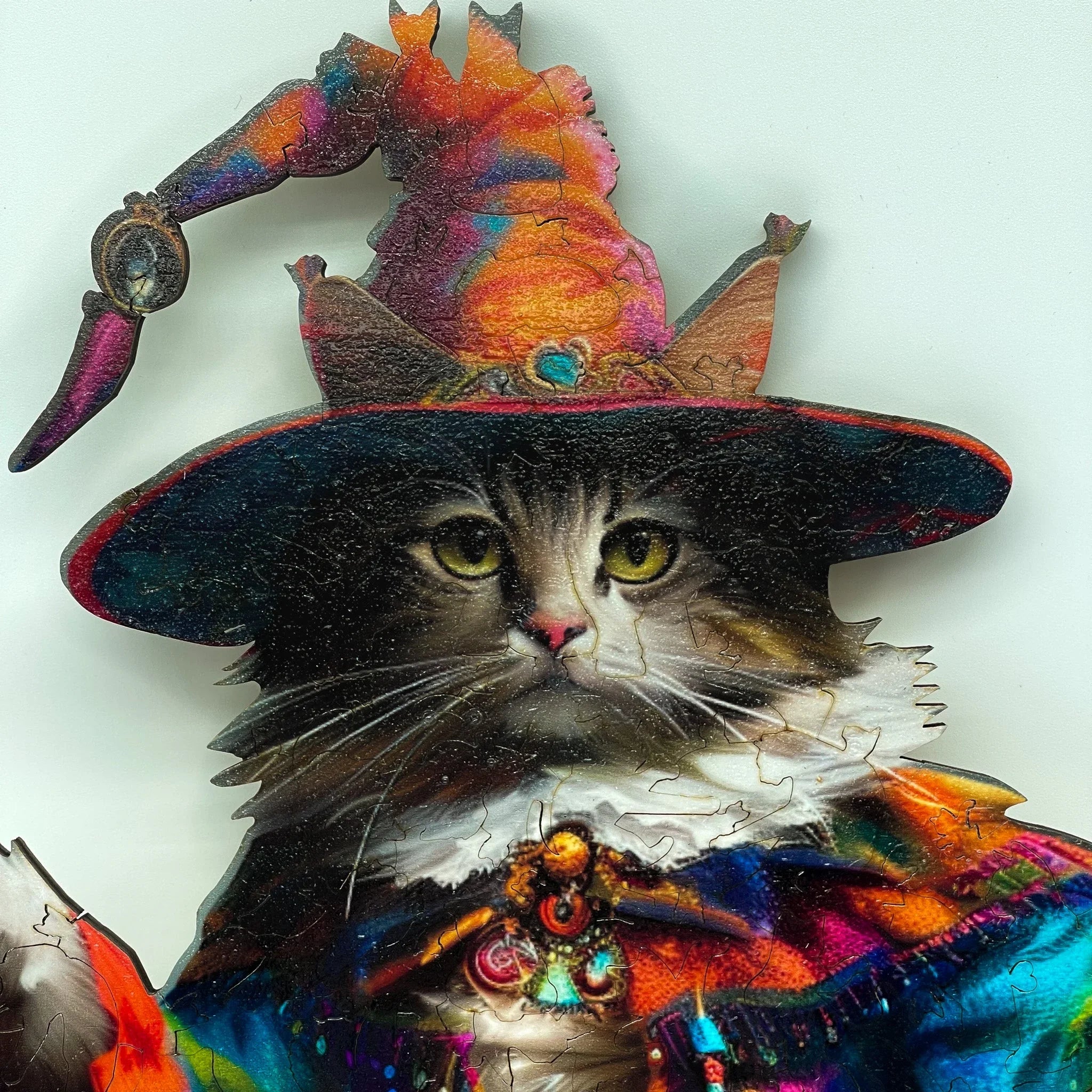 Colorful cat puzzle piece featuring a cat in a wizard hat and cloak, close-up view