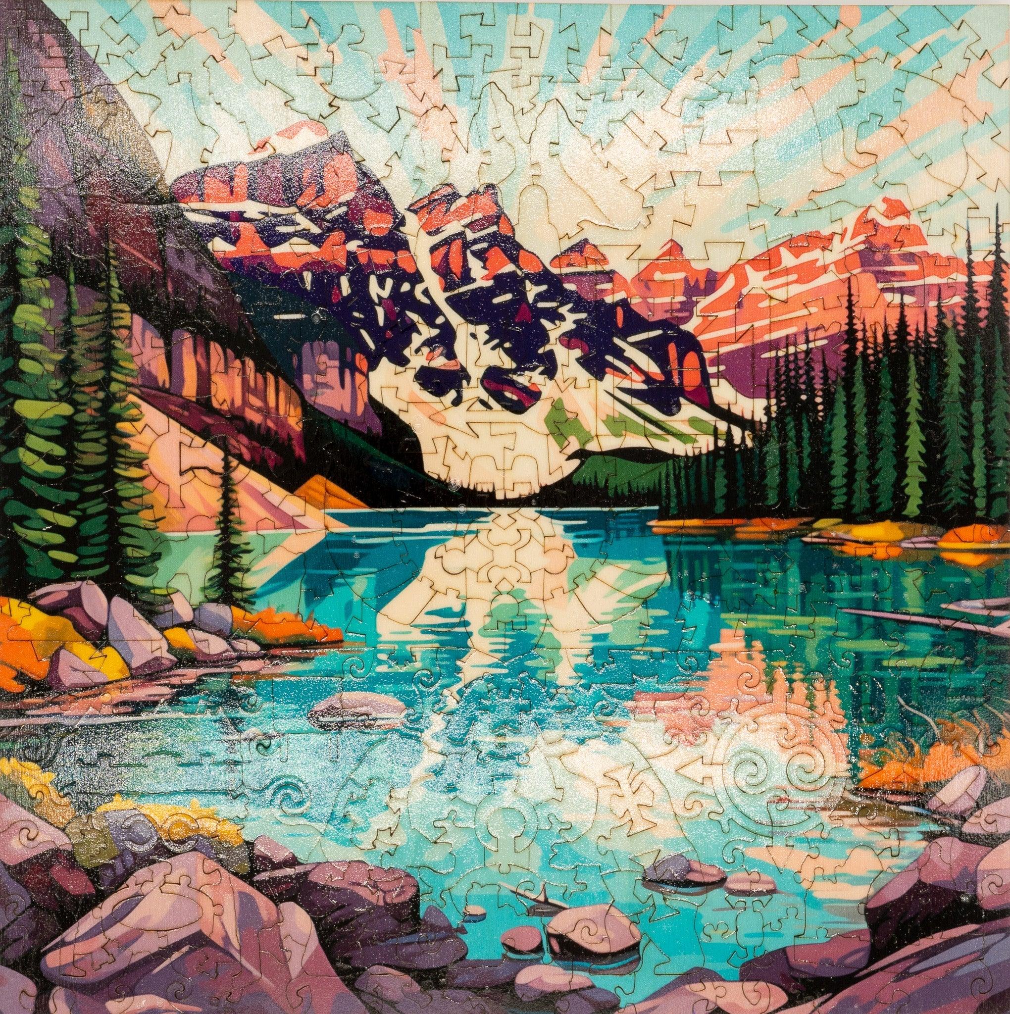 Colorful mountain lake jigsaw puzzle with pine trees, rocky shore, and vivid reflections