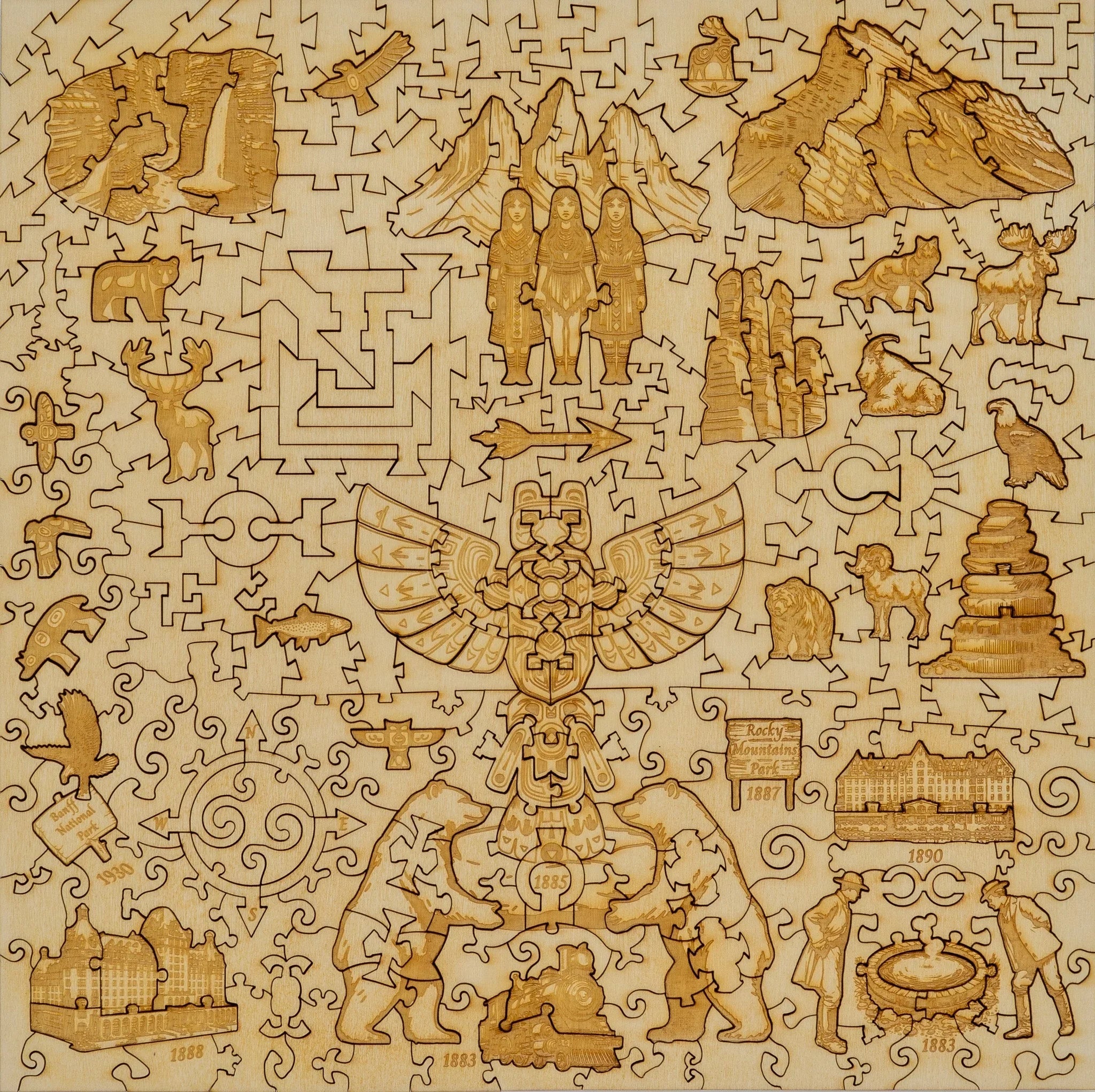Wooden puzzle with engraved animals, mountains, historic scenes, and intricate patterns