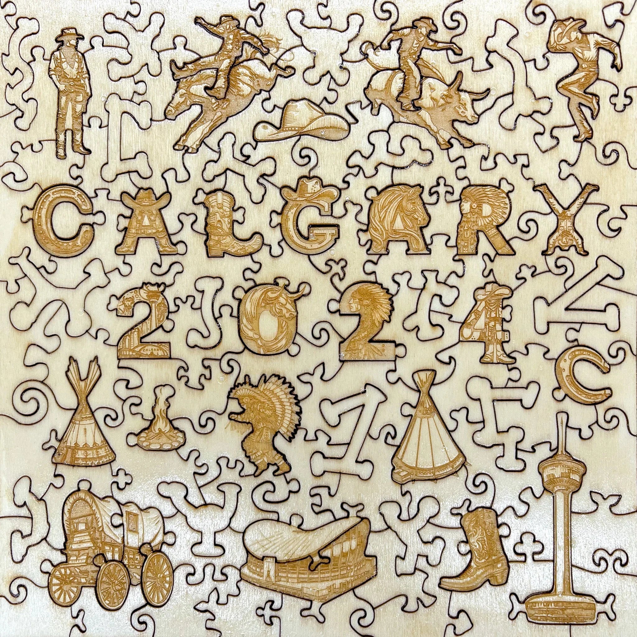 Wooden Calgary 2024 puzzle with cowboy, rodeo, horse, teepee, and western icons