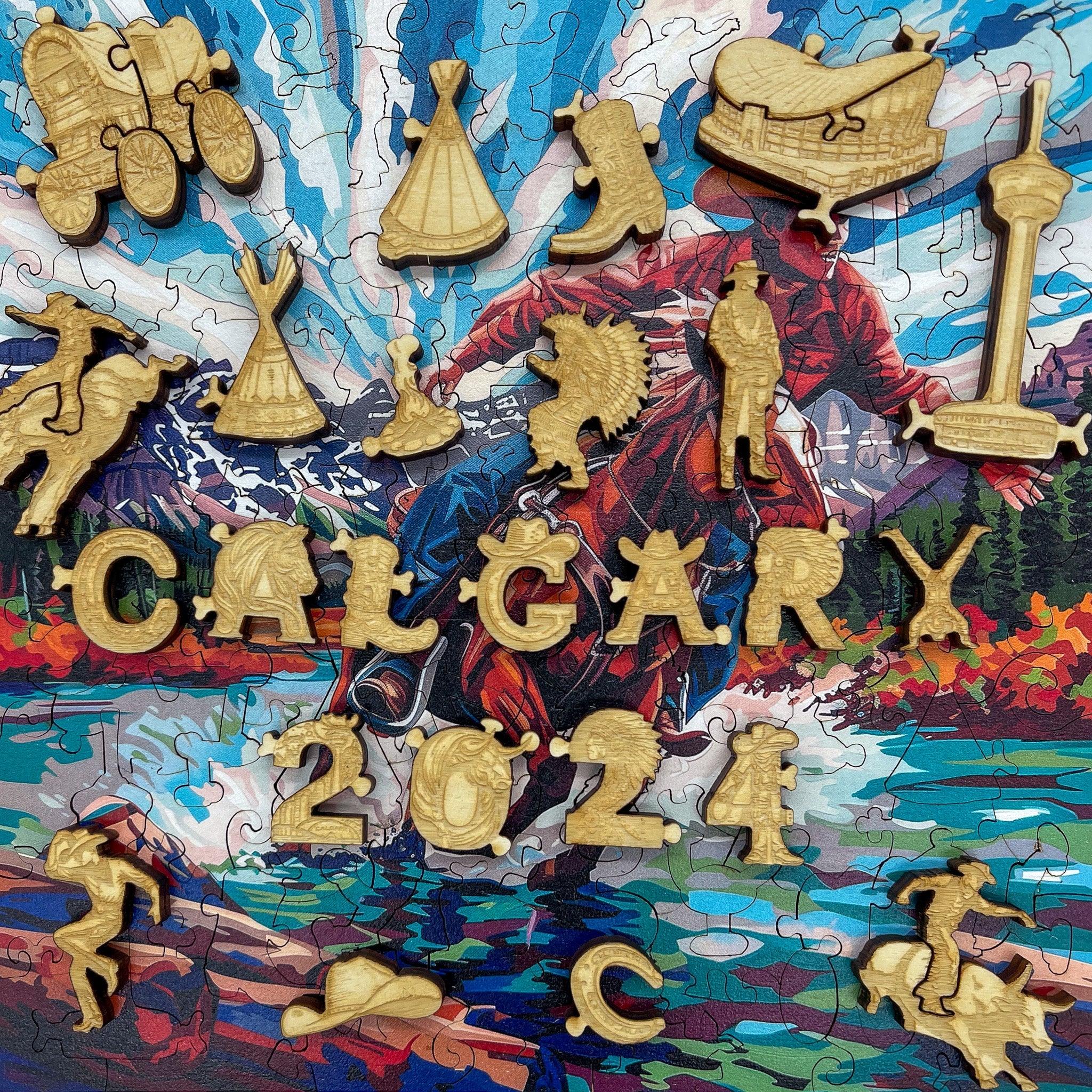 Wooden Calgary 2024 puzzle pieces with Western shapes on cowboy and mountains background