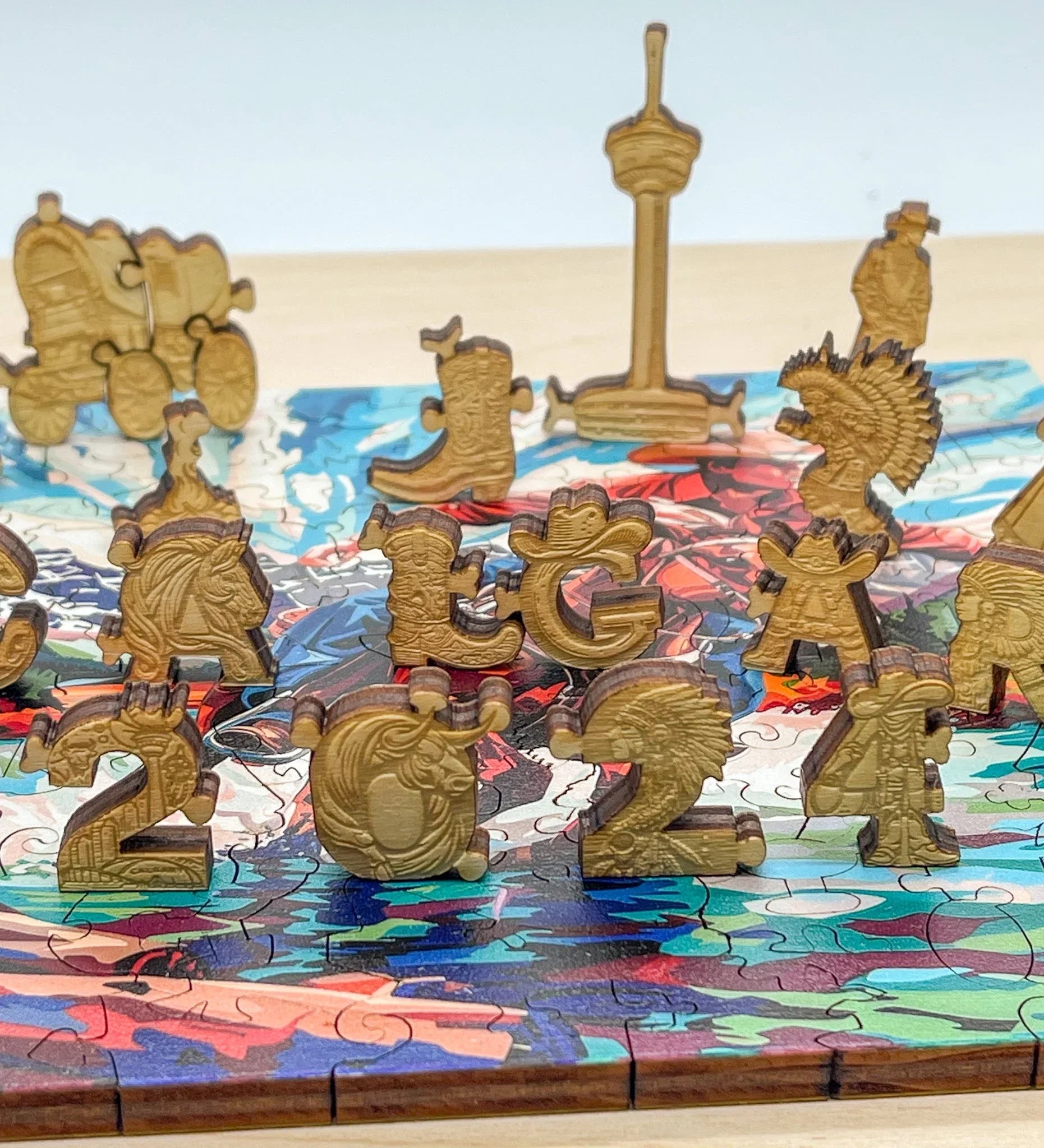 Wooden Texas-themed puzzle pieces forming 2024 on a colorful puzzle background