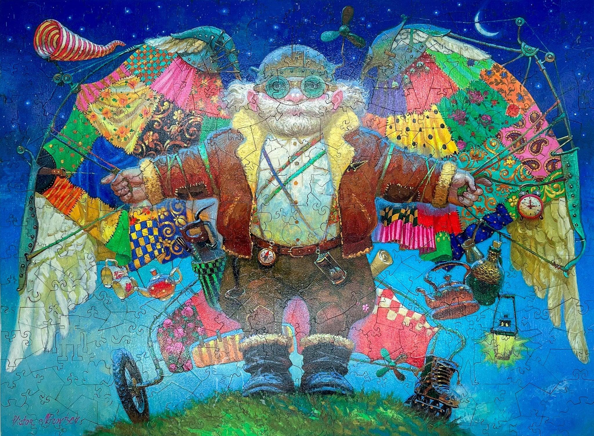 Whimsical steampunk aviator with patchwork wings, goggles, and flying contraptions at night