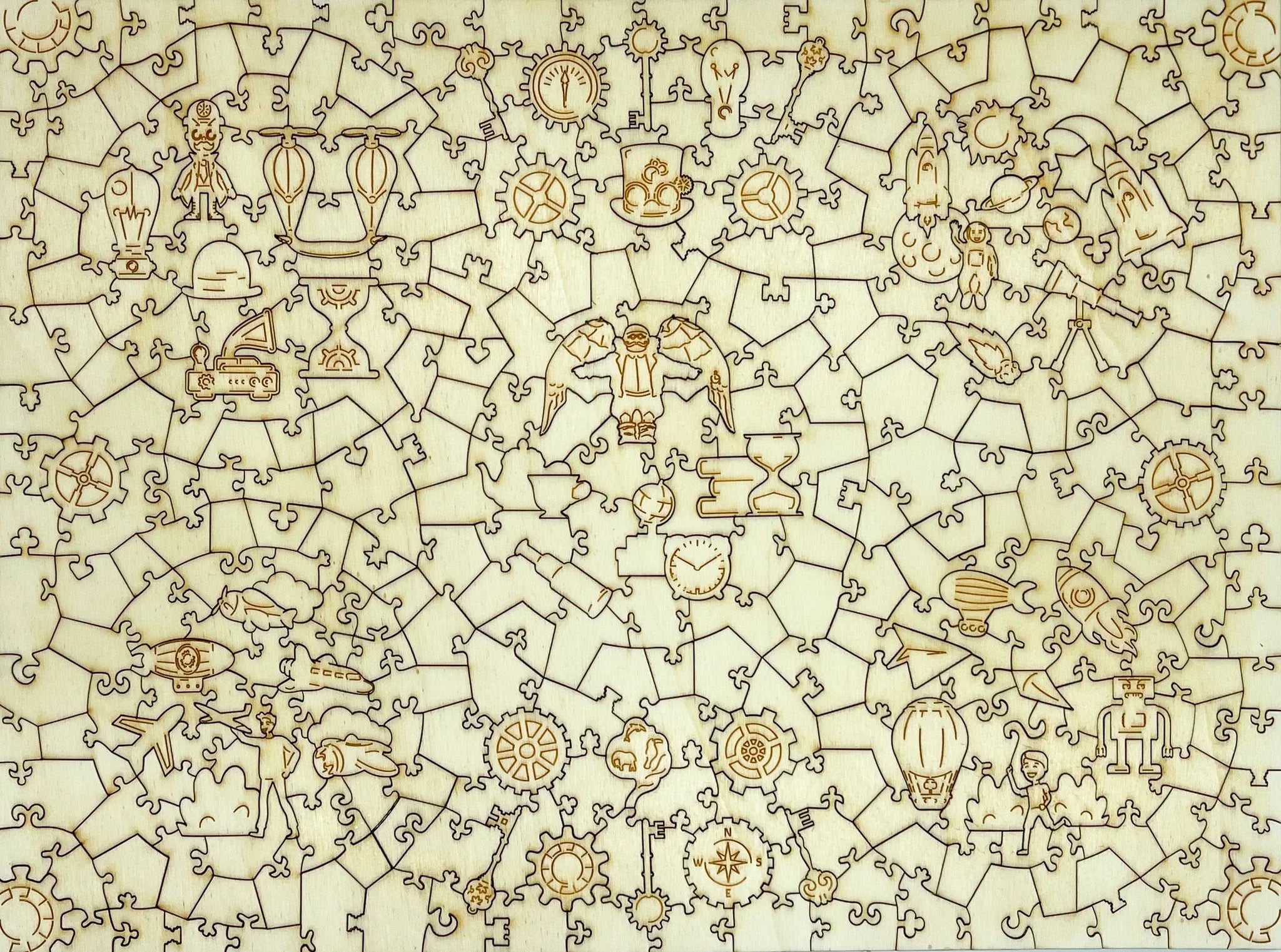 Wooden jigsaw puzzle with steampunk gears, airships, rockets, and mechanical illustrations.
