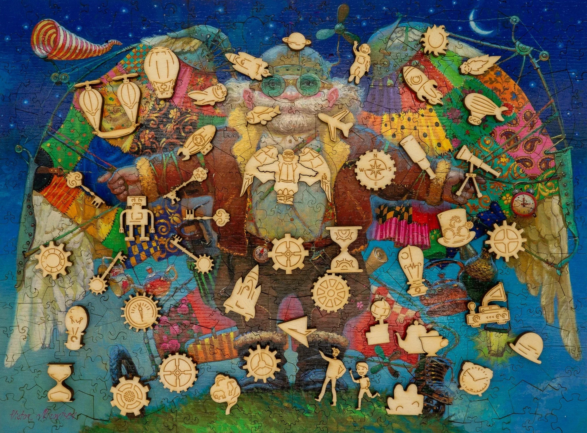 Colorful owl illustration covered with whimsical wooden puzzle pieces shaped like robots, rockets, and gears