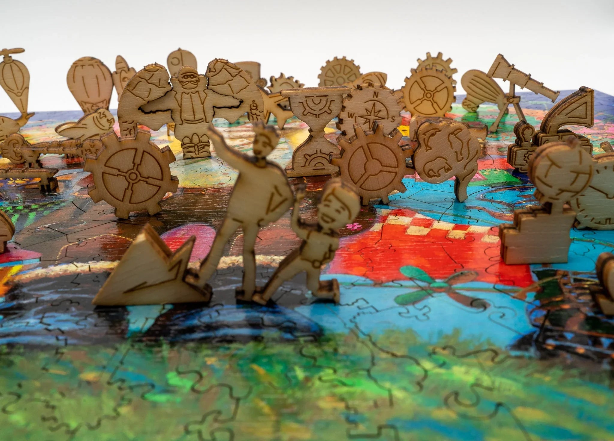 Wooden steampunk puzzle pieces on colorful jigsaw background, gears and adventure theme