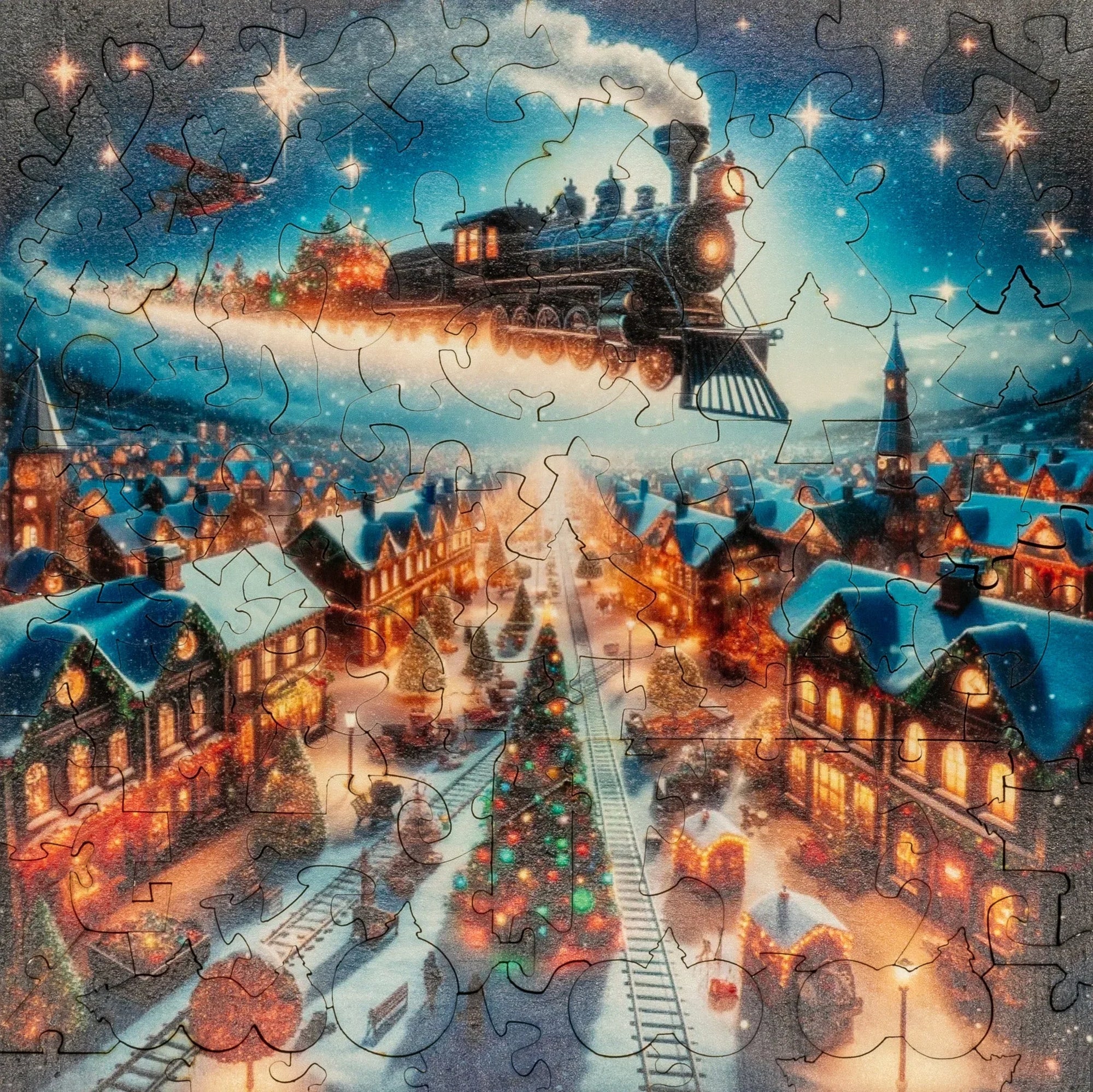 Christmas puzzle with a flying steam train over a snowy village and decorated tree