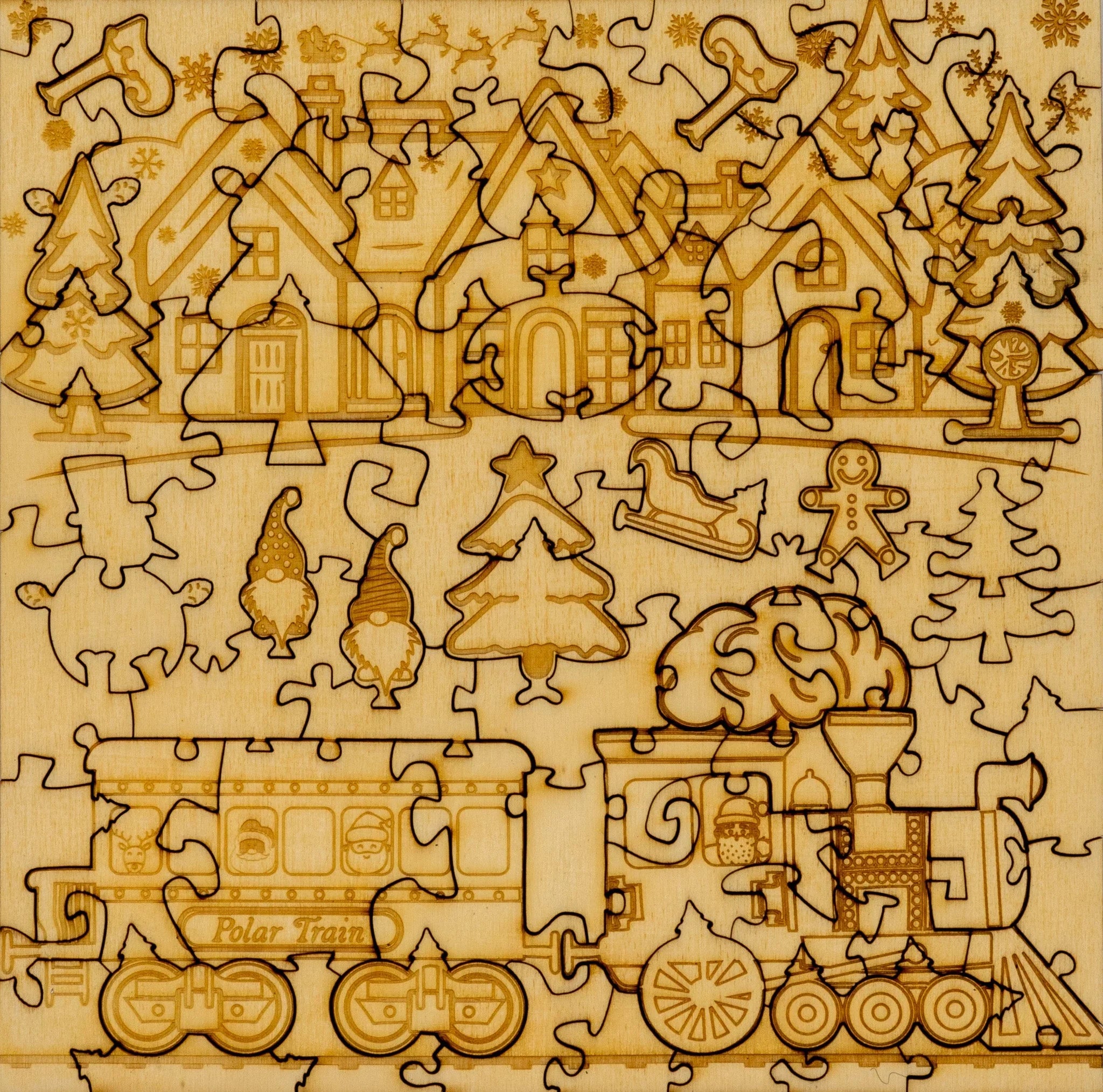 Wooden Christmas puzzle with Polar Train, holiday village, trees, gnomes, sleigh and gingerbread man.