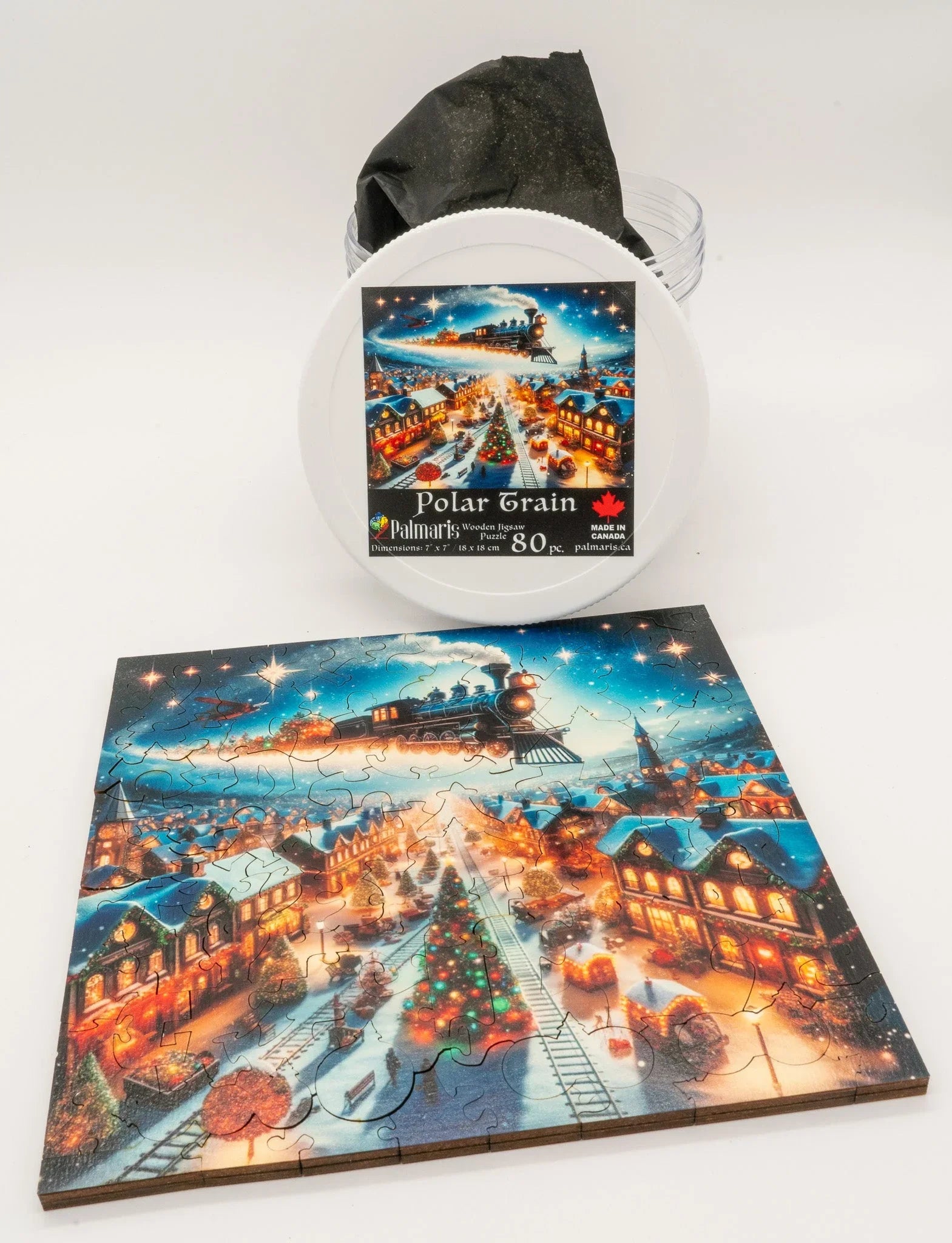 Polar Train wooden jigsaw puzzle, 80 pieces, Christmas village scene with train and lights
