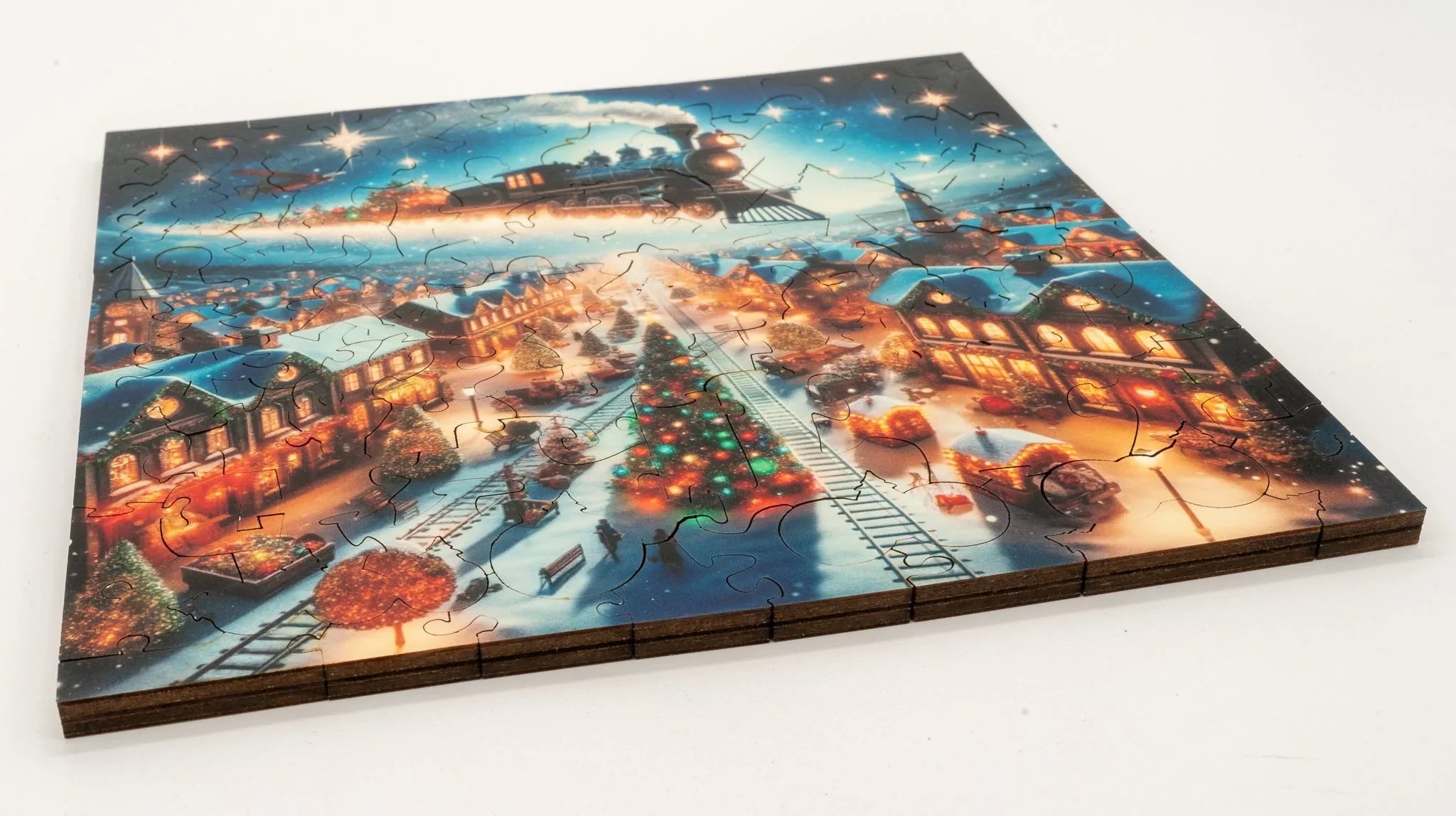 Colorful Christmas village puzzle with decorated tree, snow, and festive train scene