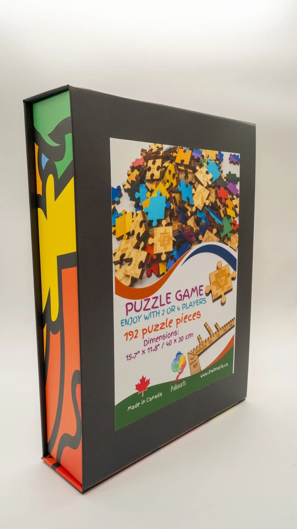 Box of colorful 192-piece wooden puzzle game, made in Canada, for 2 or 4 players