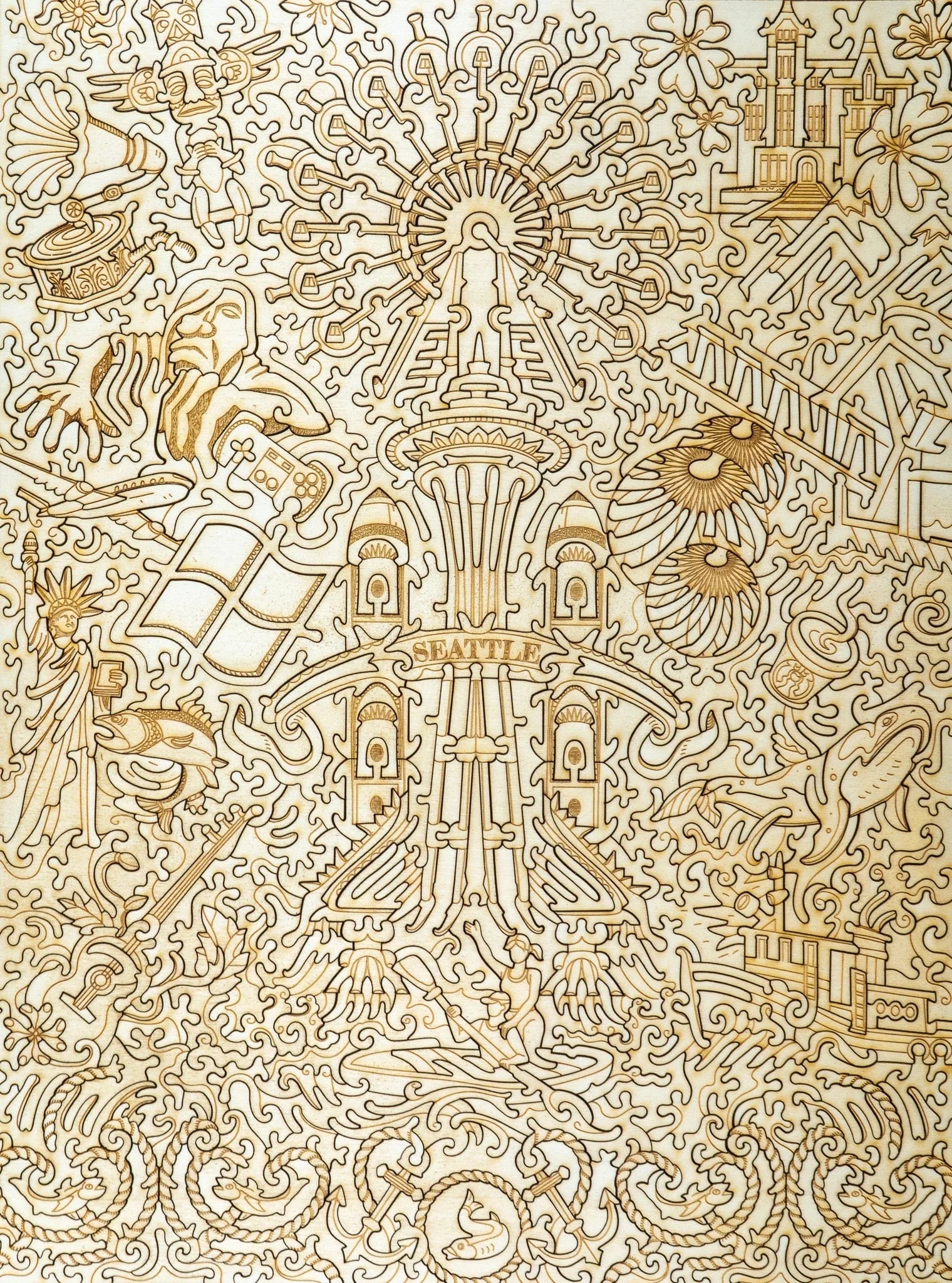 Laser-engraved Seattle art featuring Space Needle, fish, whale, and city landmarks