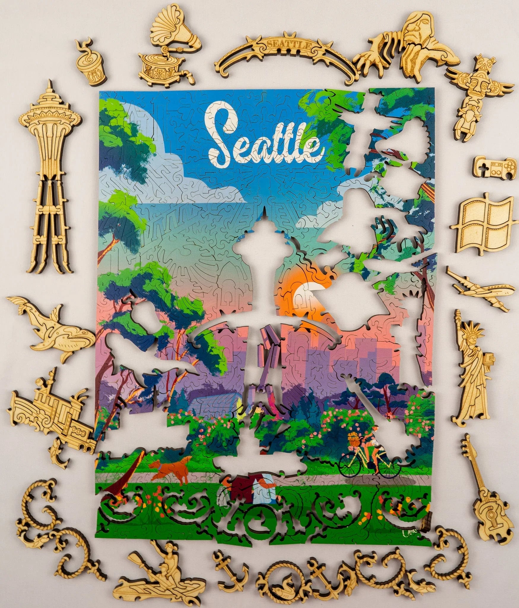Seattle jigsaw puzzle with colorful cityscape and unique wooden pieces surrounding it