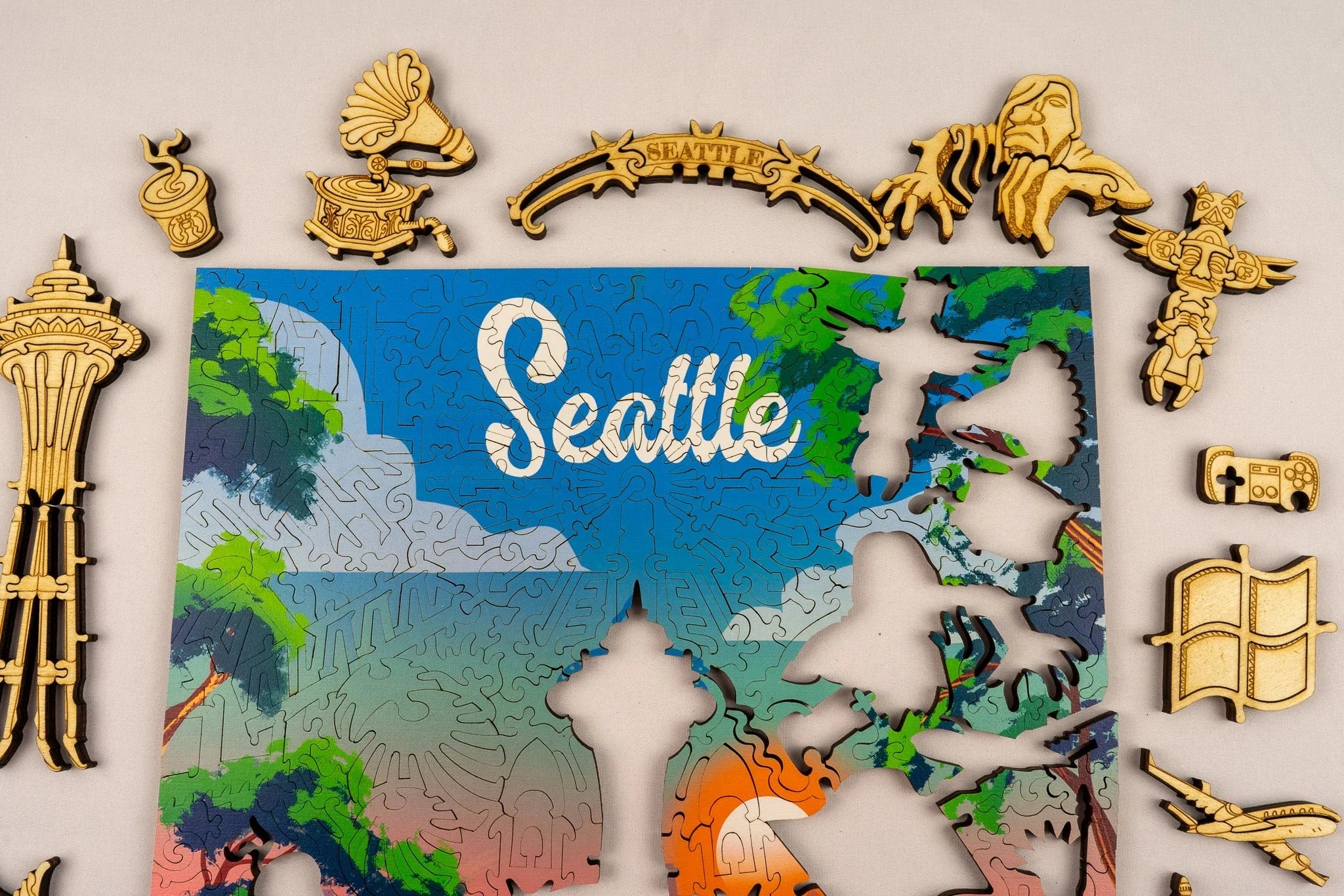 Seattle wooden puzzle with Space Needle, city landmarks, and custom-shaped pieces