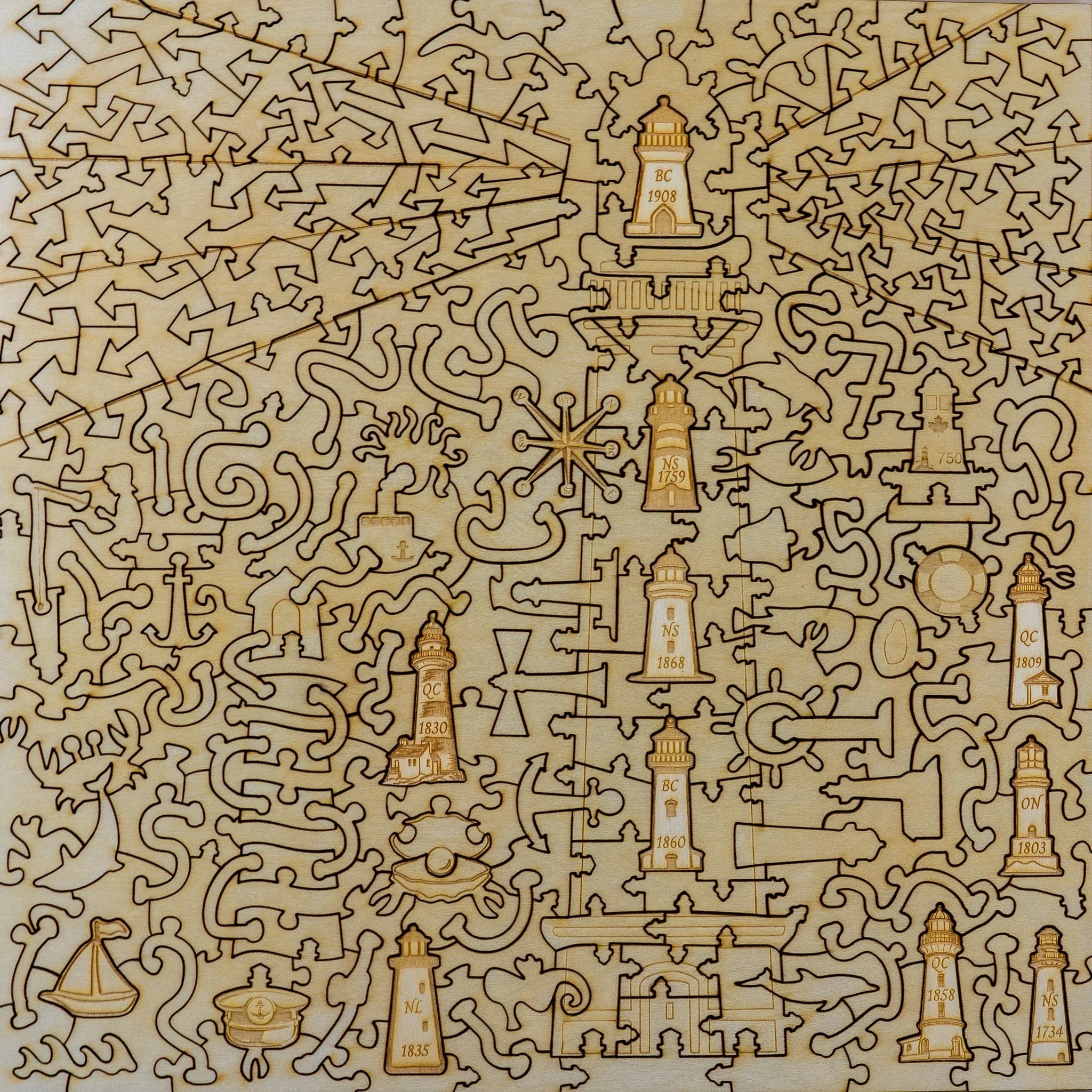 Wooden laser-cut puzzle with intricate lighthouse pieces and nautical motifs