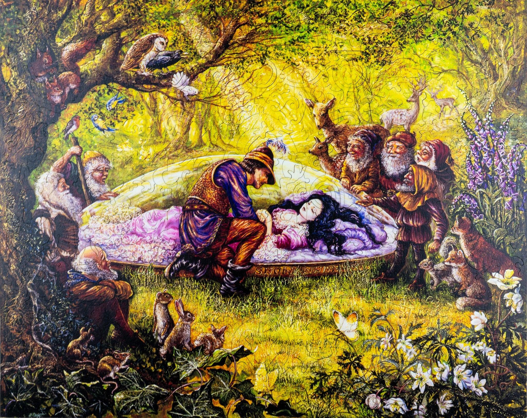 Fairytale scene of Snow White sleeping in a glass coffin, surrounded by dwarfs and forest animals
