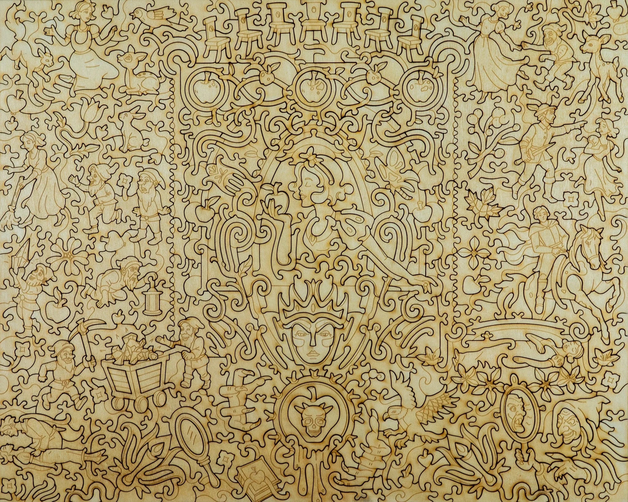 Intricate wooden jigsaw puzzle with fairy tale characters, animals, and decorative patterns.