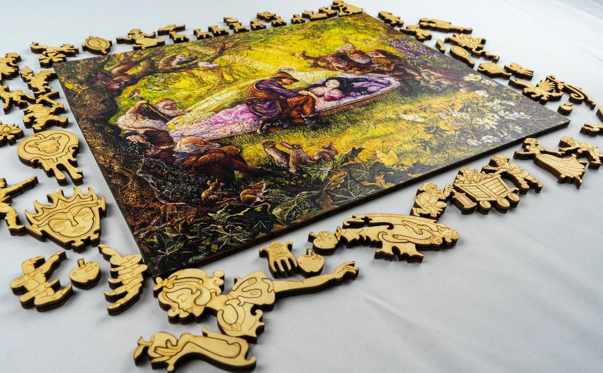 Wooden fairy tale jigsaw puzzle with intricate character pieces and a colorful forest scene
