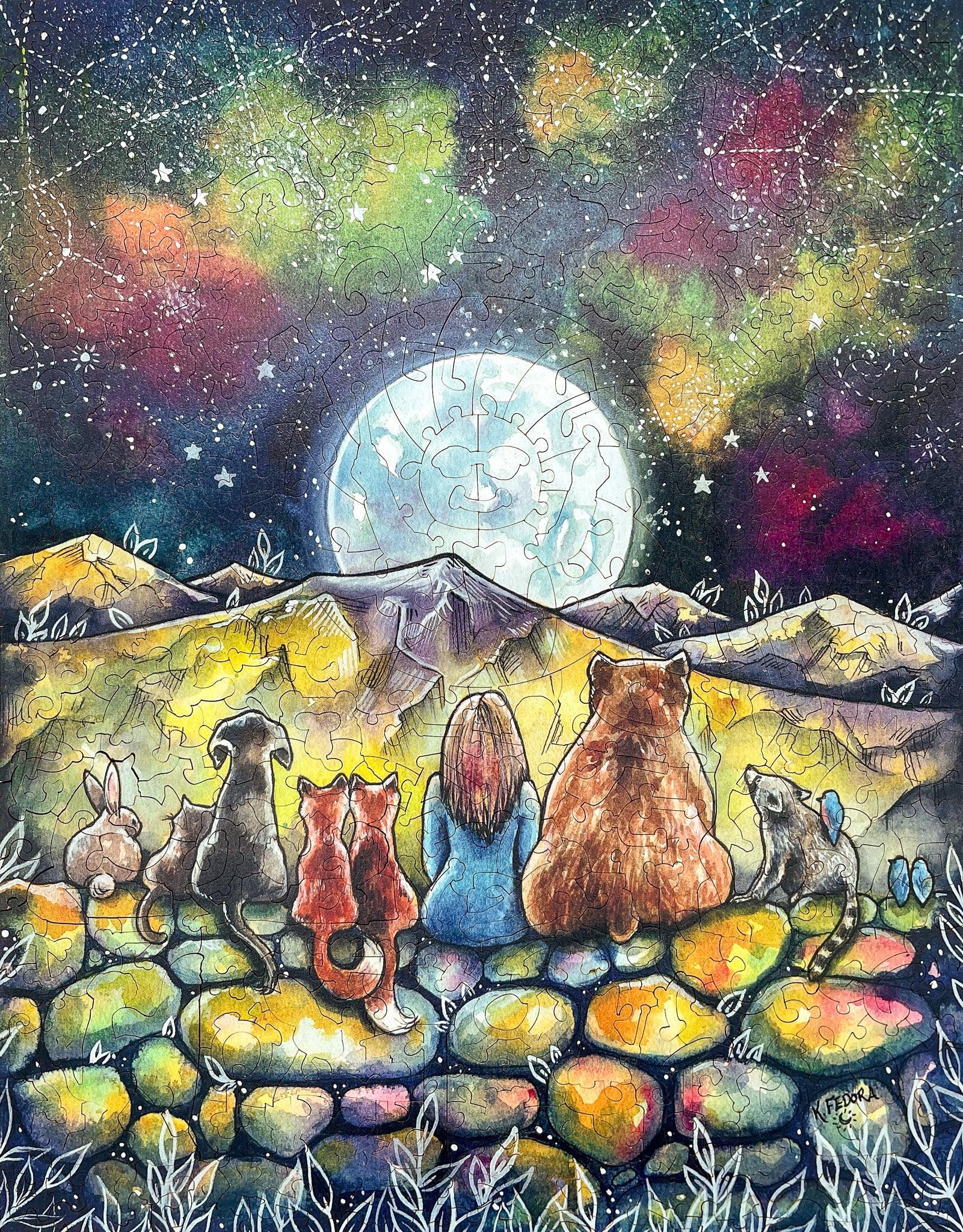 Woman and animals sitting on colorful stones under starry night sky with full moon and mountains