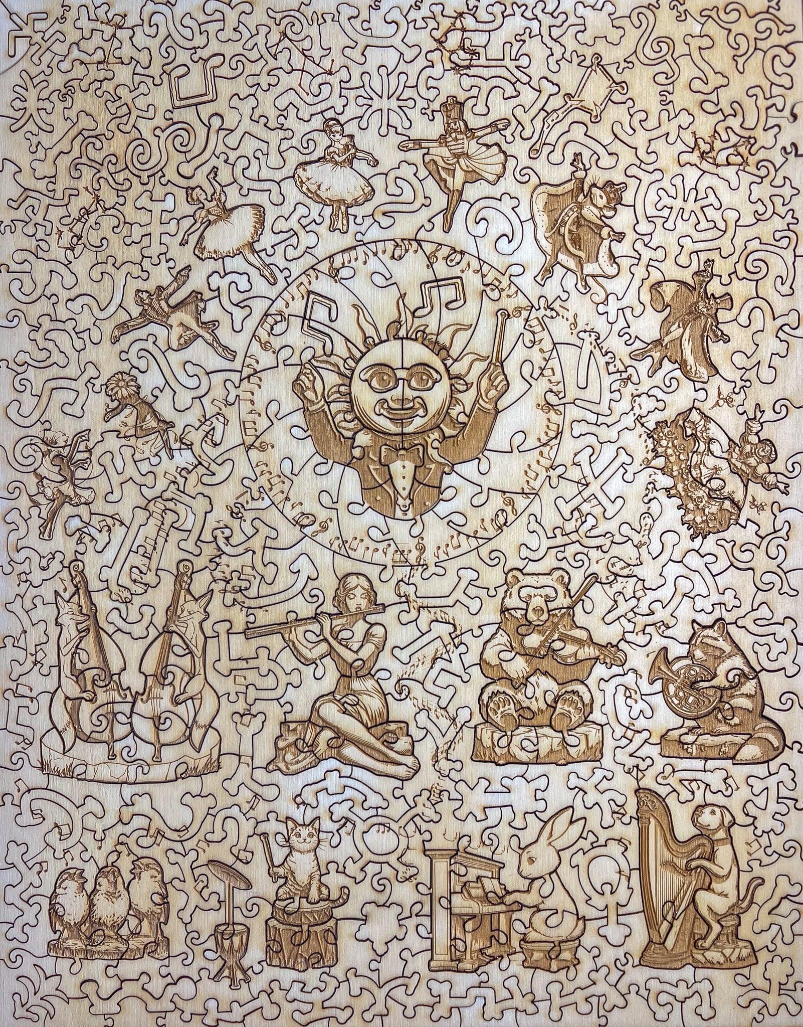 Intricate wooden puzzle featuring sun conductor, musical animals, ballerinas, and whimsical shapes