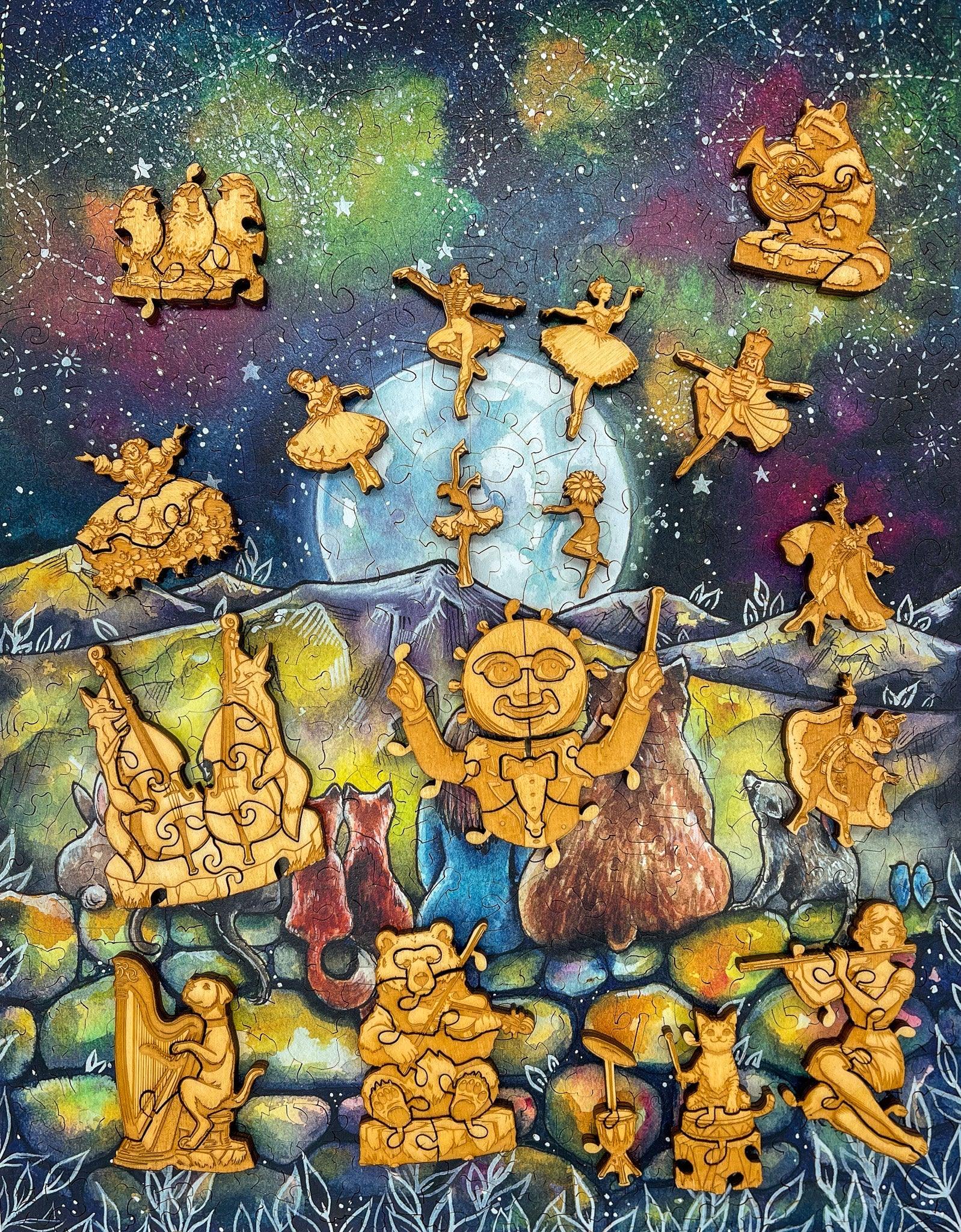 Wooden whimsical puzzle pieces of dancers and animals on a moonlit, starry night background