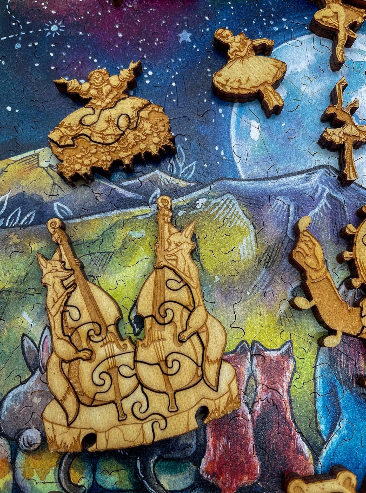 Wooden animal-shaped puzzle pieces on a colorful starry night background